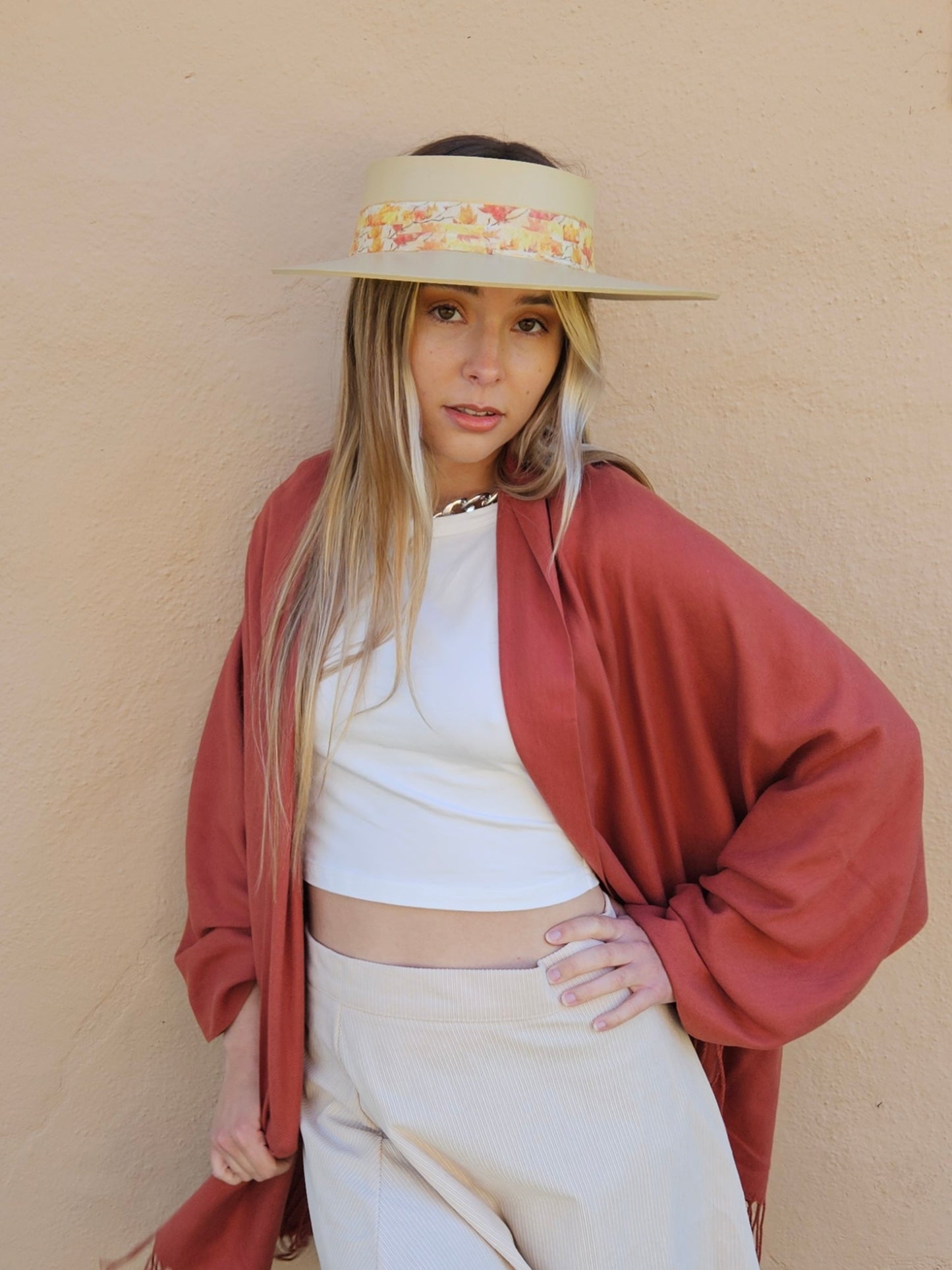 Beige "LadyEVA" Visor Hat with Orange Leaf Band