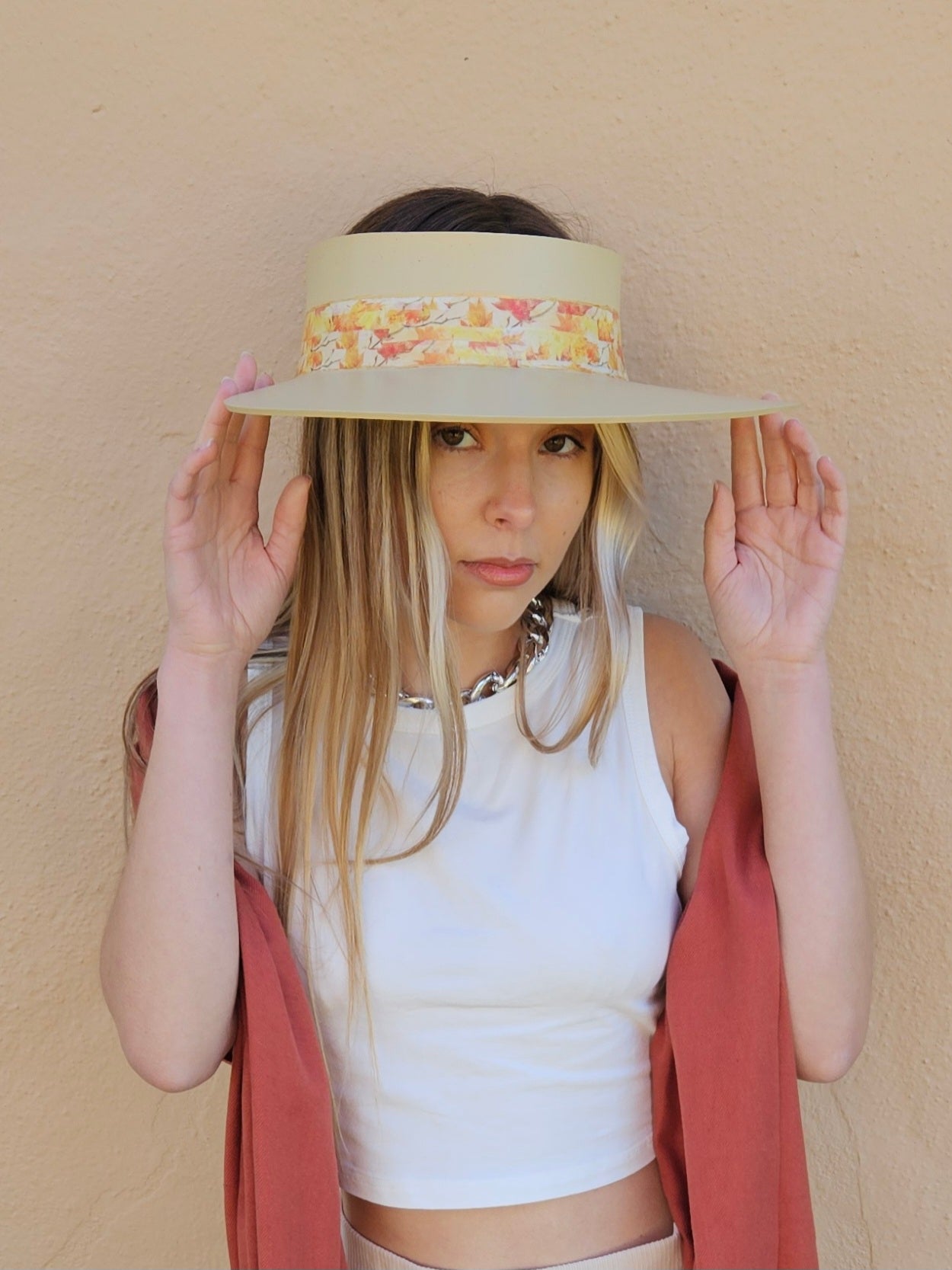 Beige "LadyEVA" Visor Hat with Orange Leaf Band