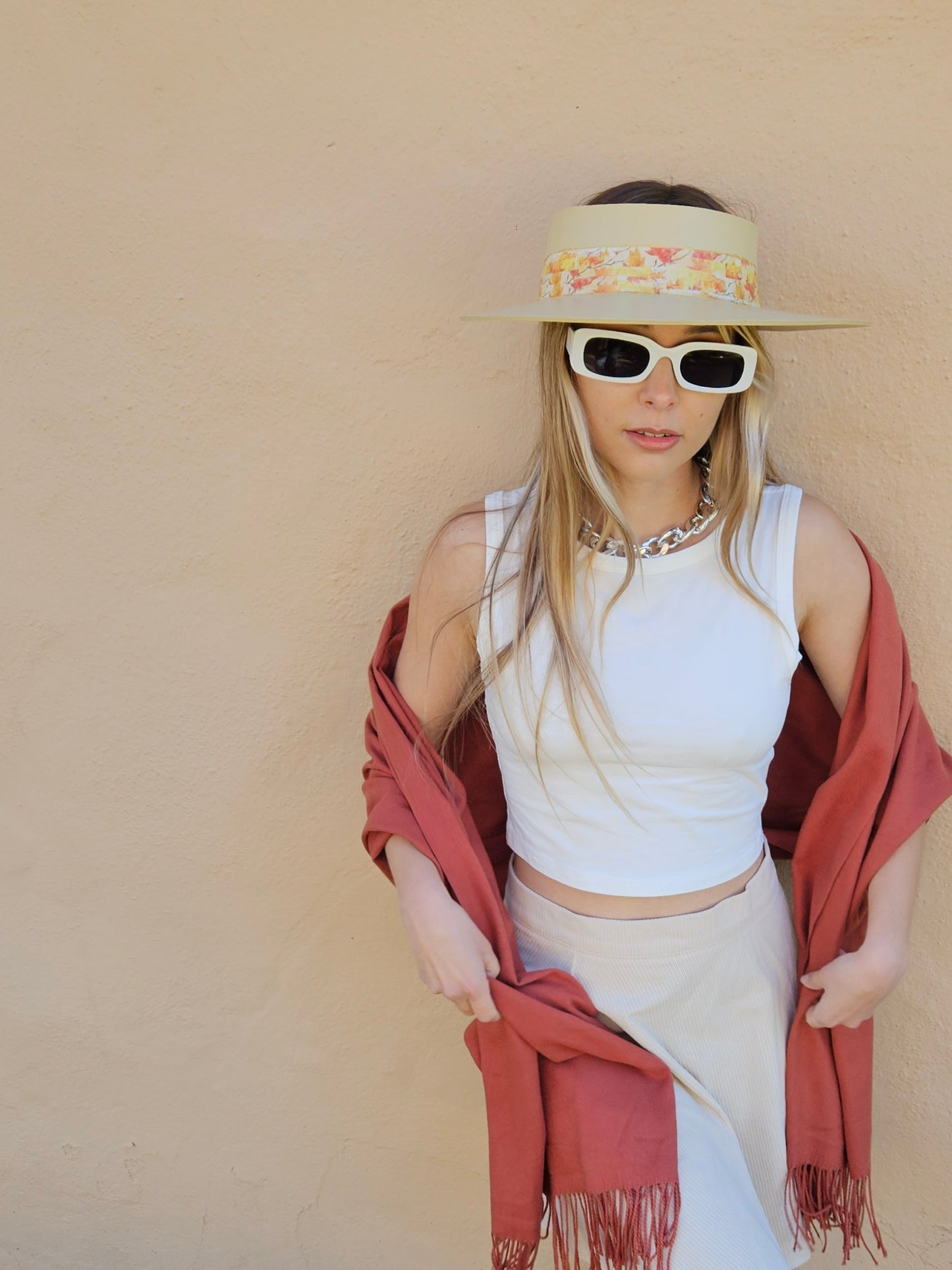 Beige "LadyEVA" Visor Hat with Orange Leaf Band