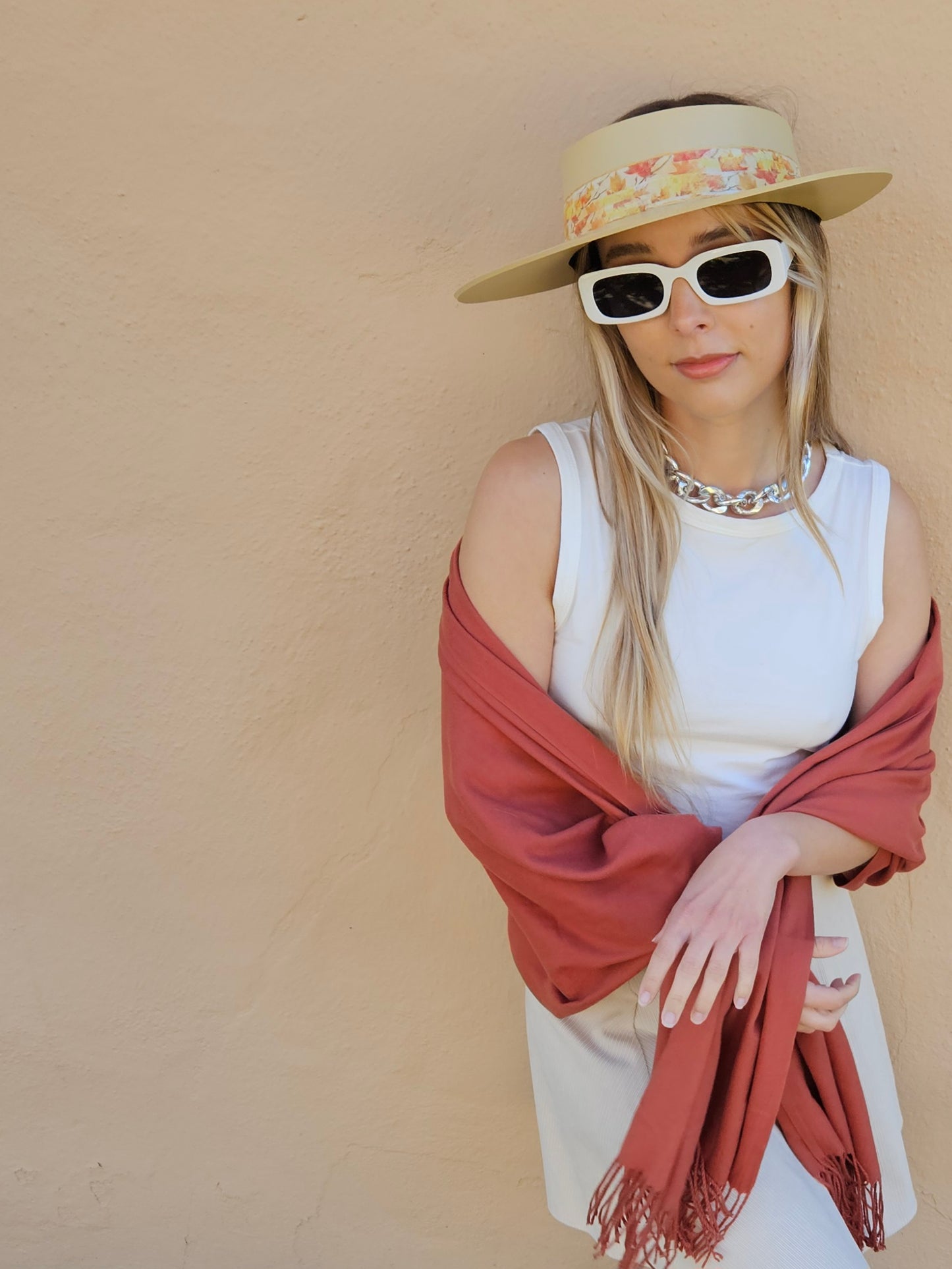 Beige "LadyEVA" Visor Hat with Orange Leaf Band