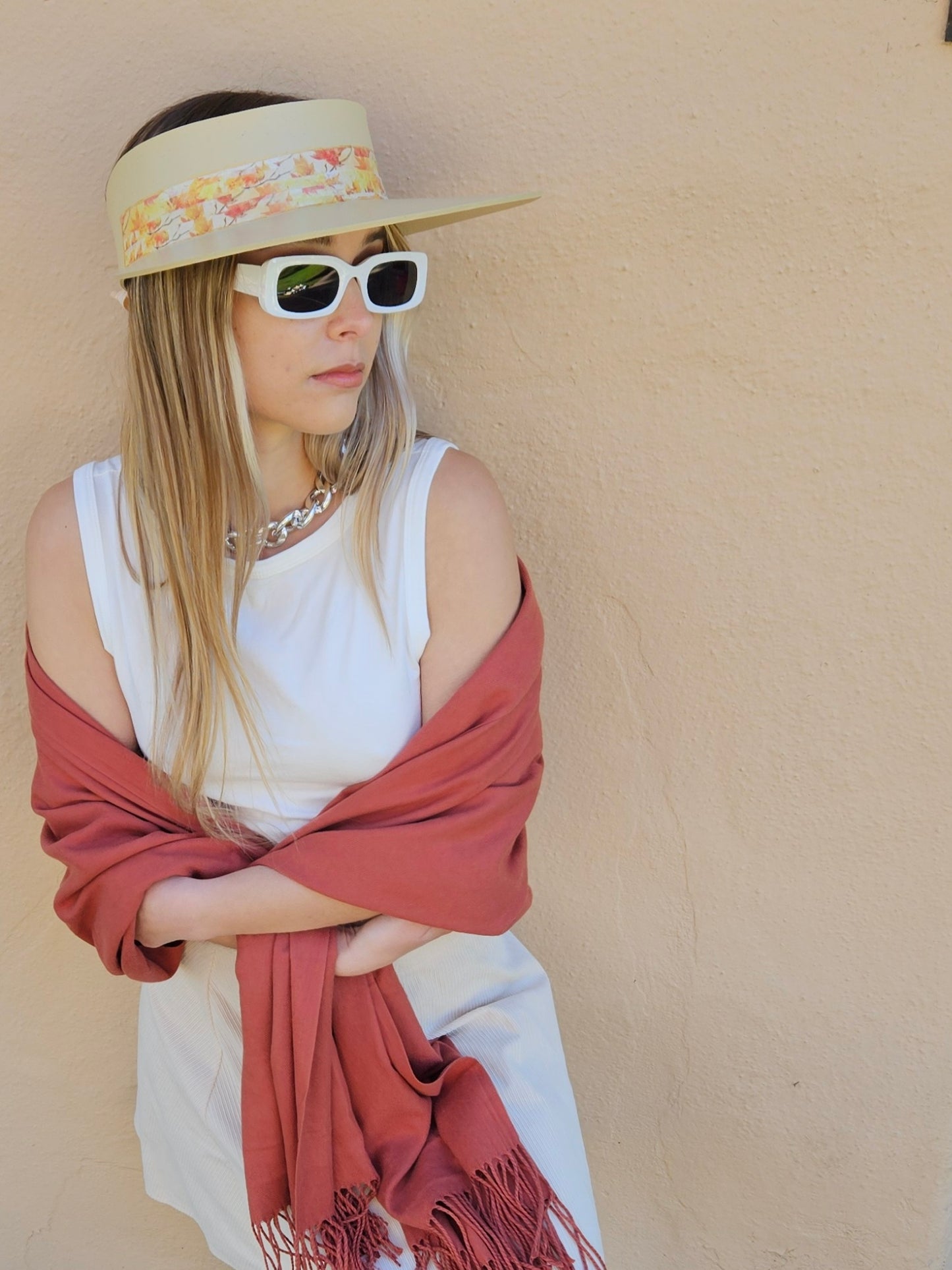 Beige "LadyEVA" Visor Hat with Orange Leaf Band