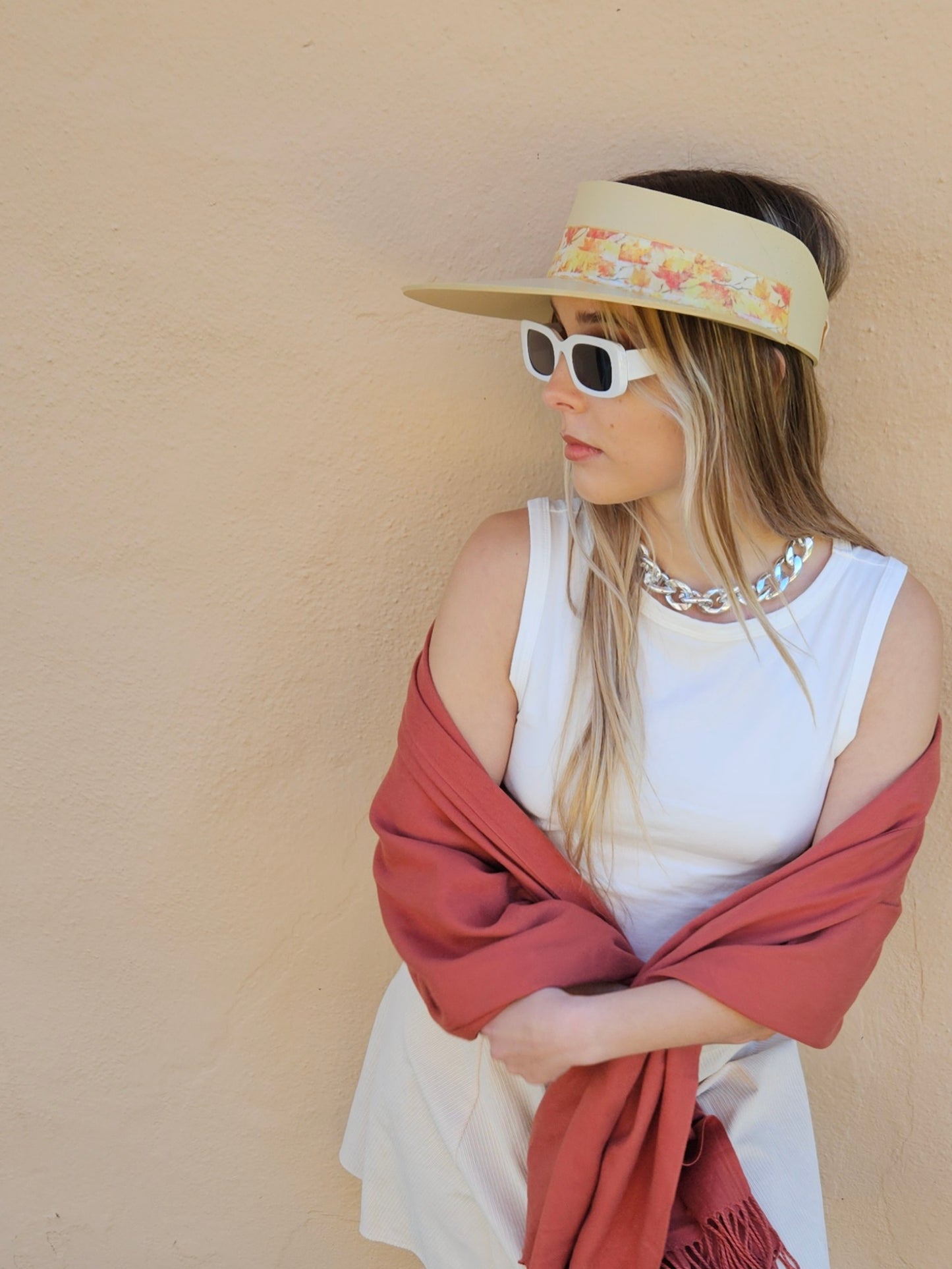 Beige "LadyEVA" Visor Hat with Orange Leaf Band