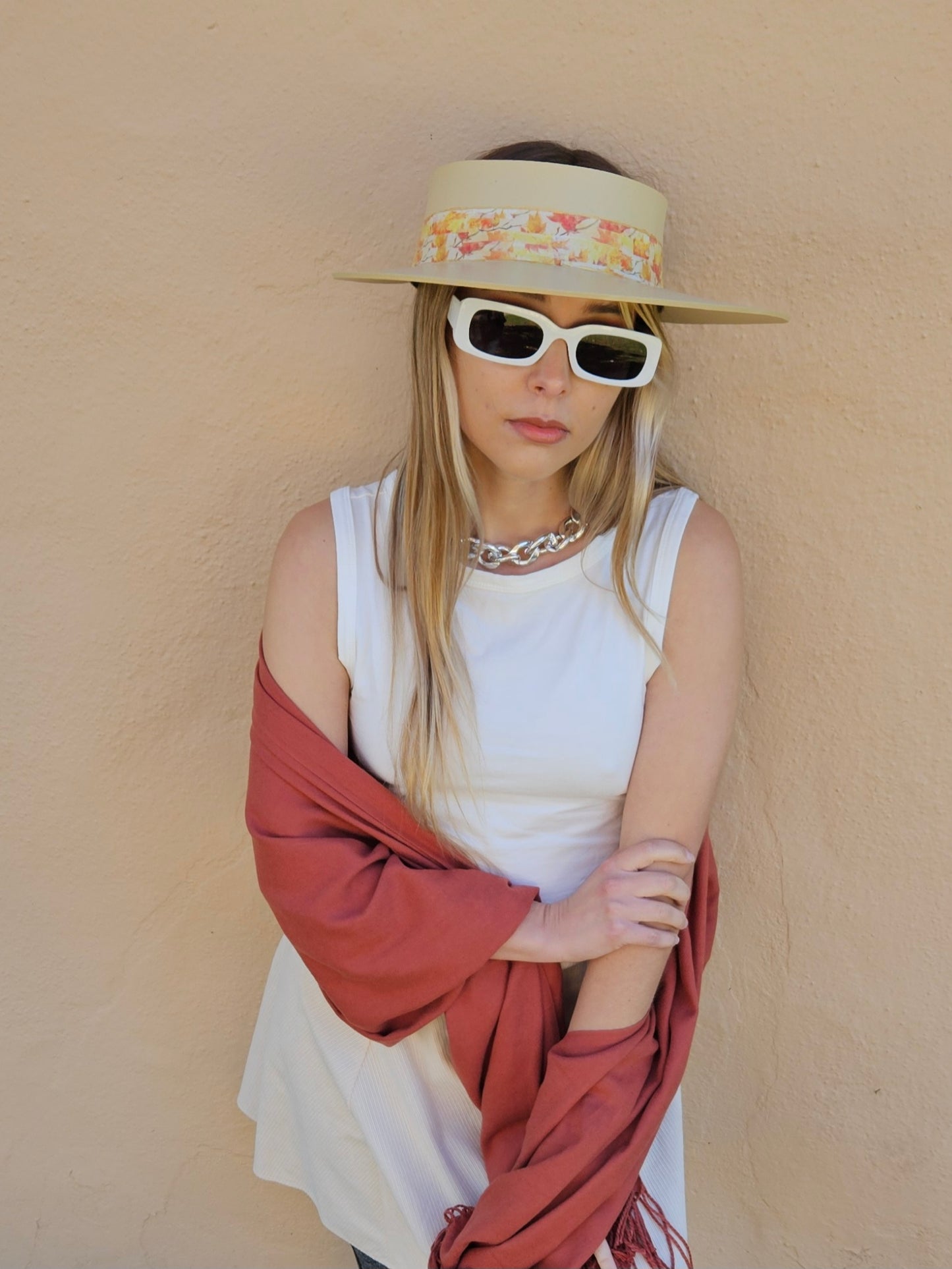 Beige "LadyEVA" Visor Hat with Orange Leaf Band