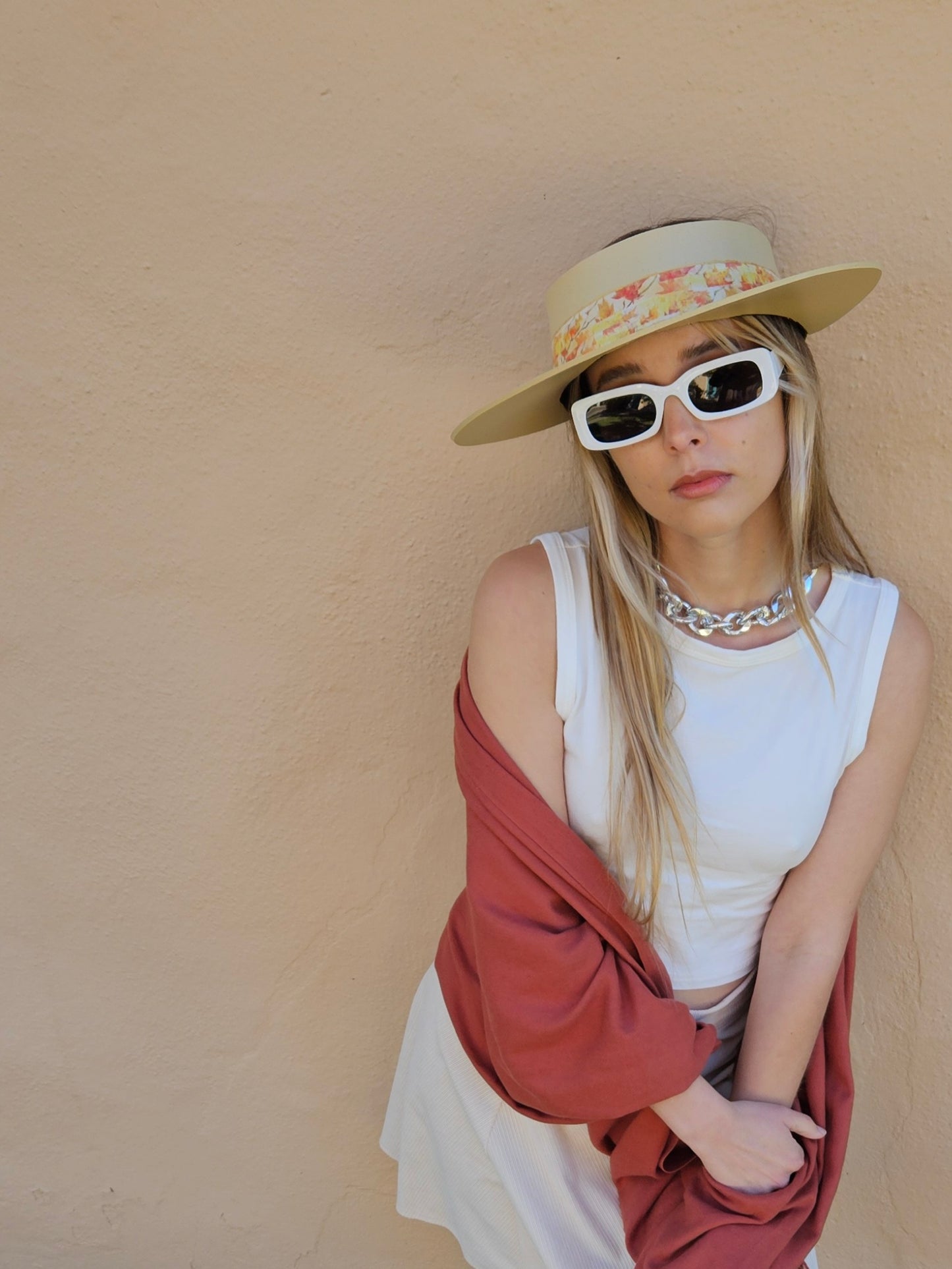 Beige "LadyEVA" Visor Hat with Orange Leaf Band