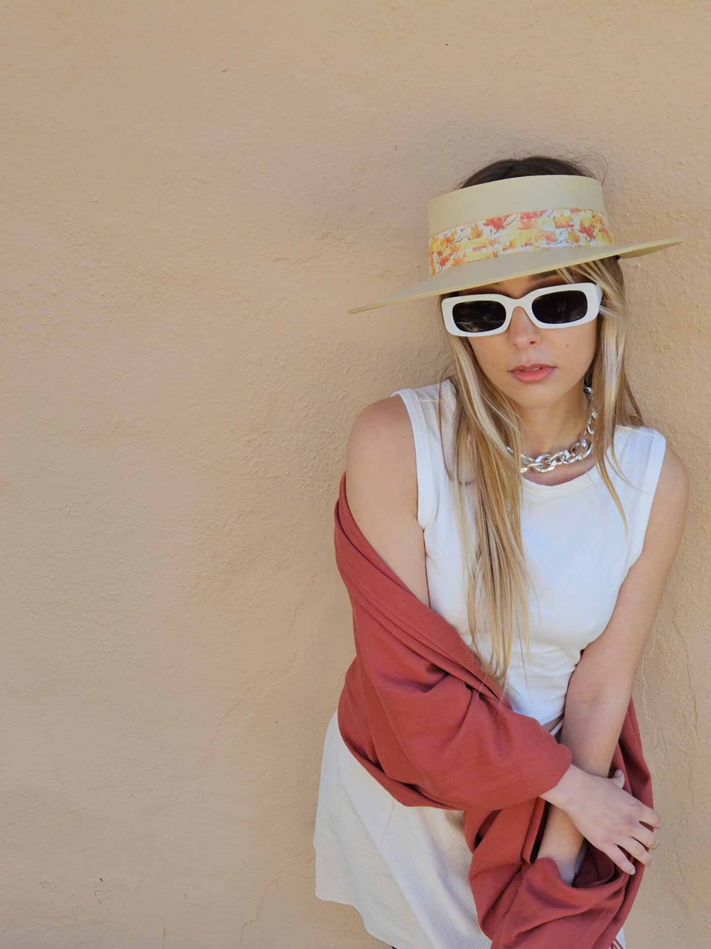 Beige "LadyEVA" Visor Hat with Orange Leaf Band