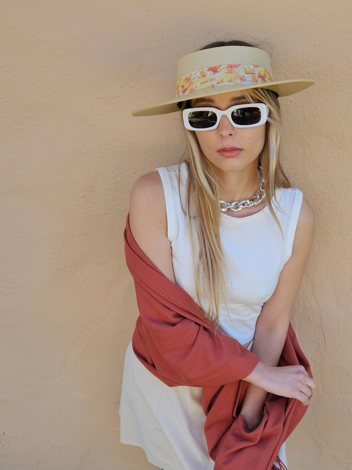 Beige "LadyEVA" Visor Hat with Orange Leaf Band