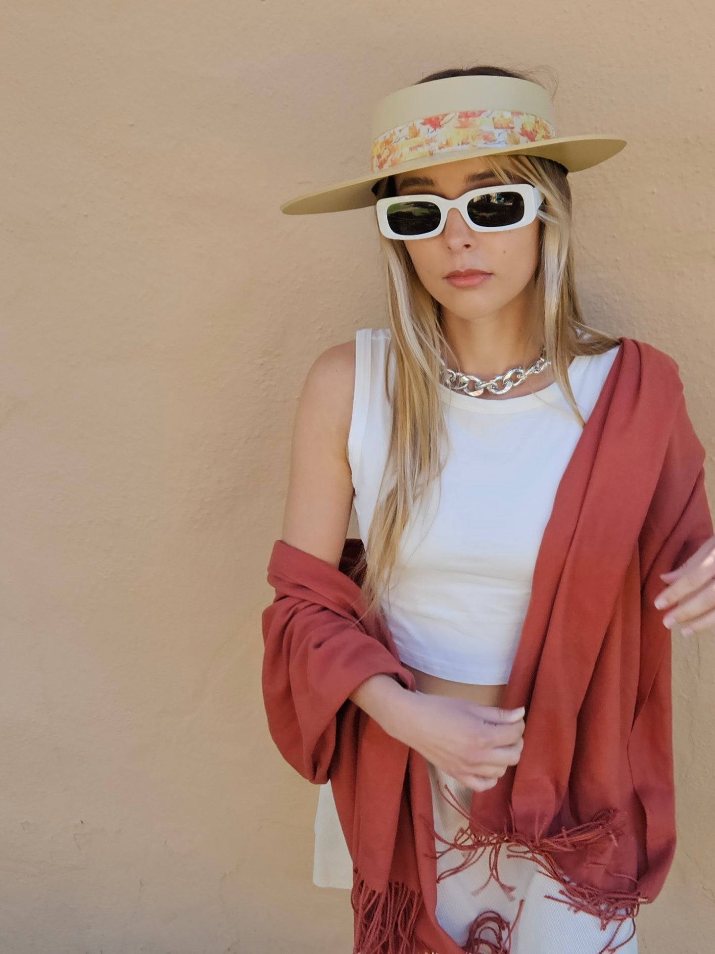 Beige "LadyEVA" Visor Hat with Orange Leaf Band