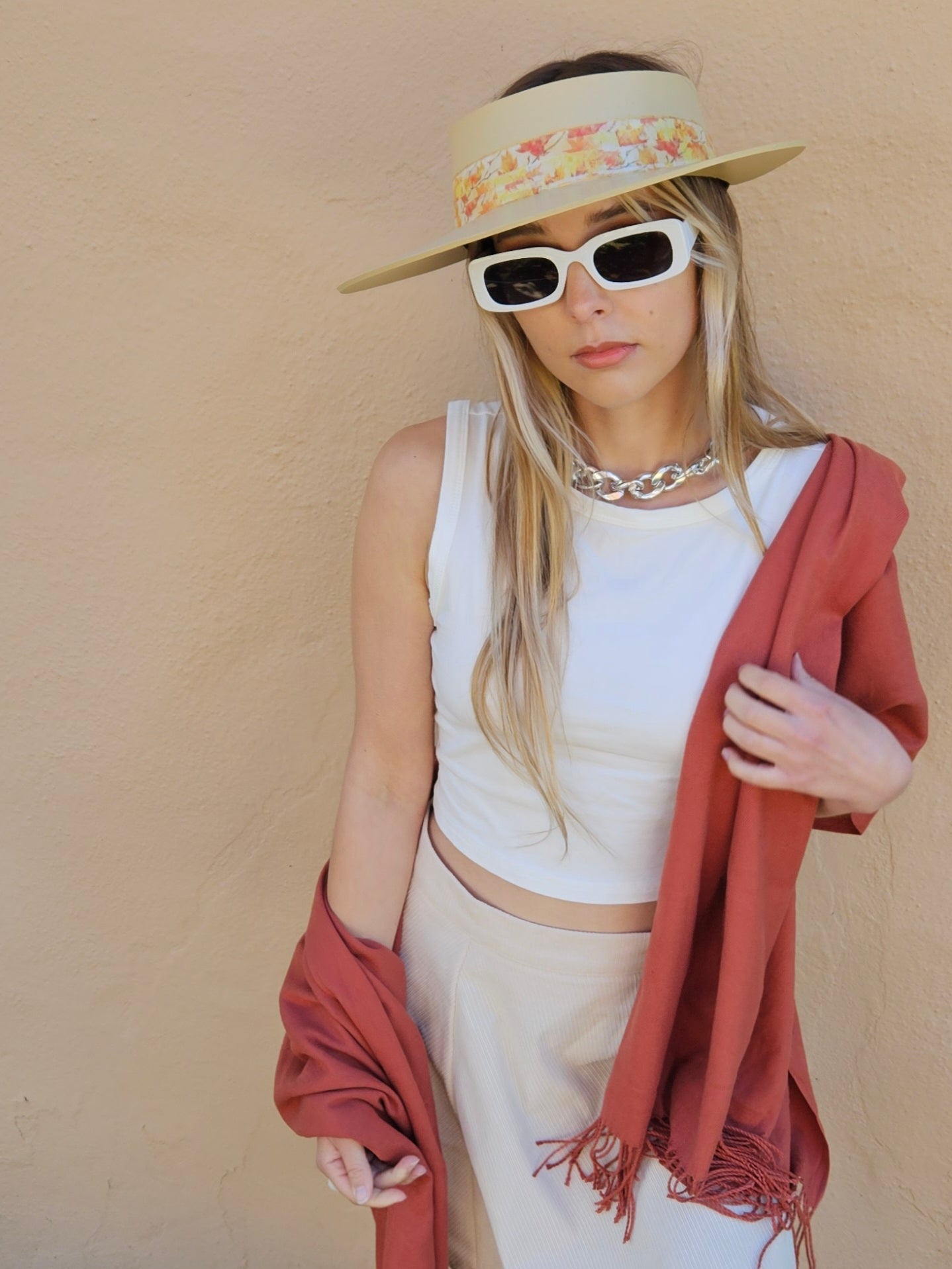 Beige "LadyEVA" Visor Hat with Orange Leaf Band