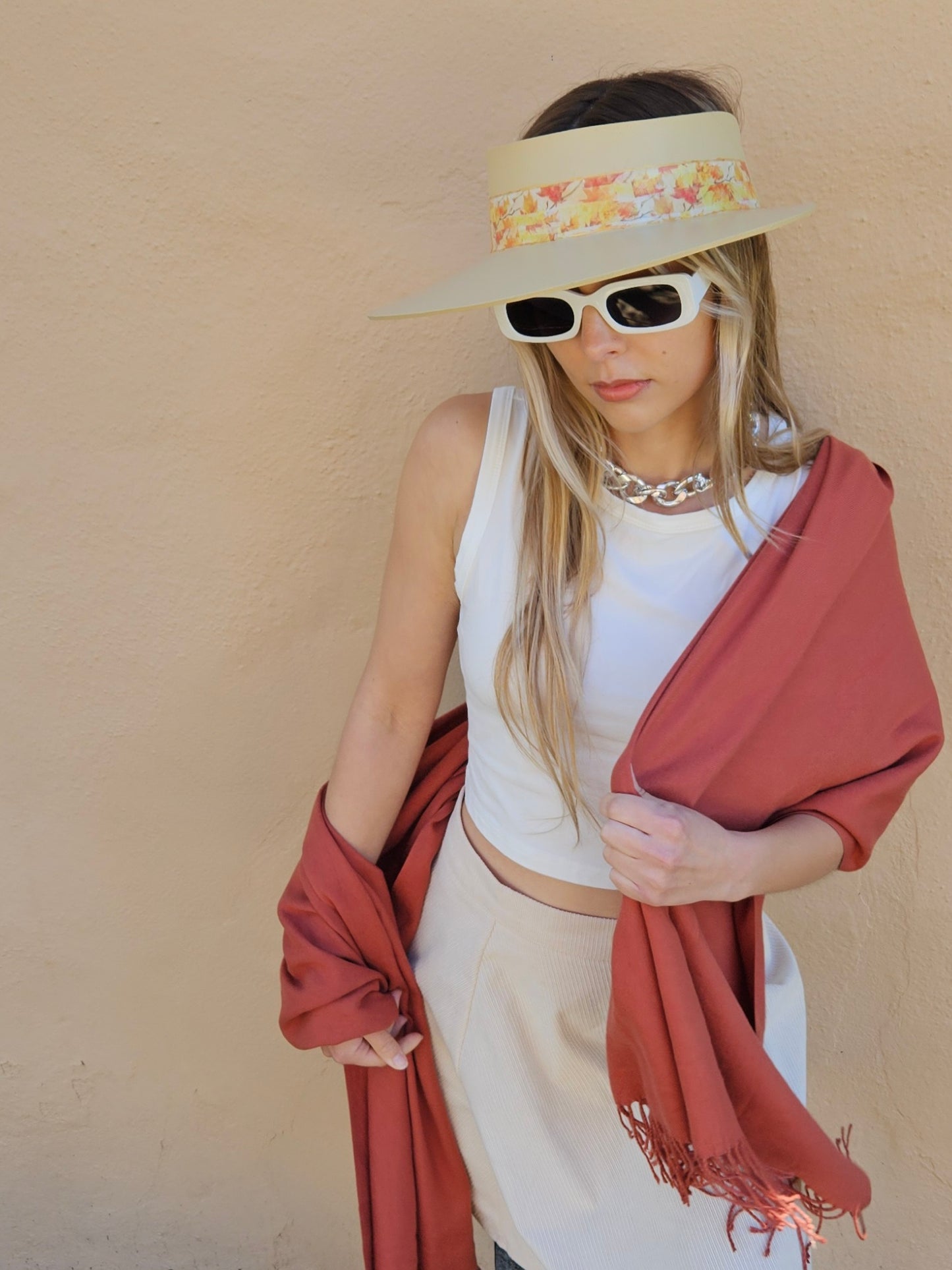 Beige "LadyEVA" Visor Hat with Orange Leaf Band