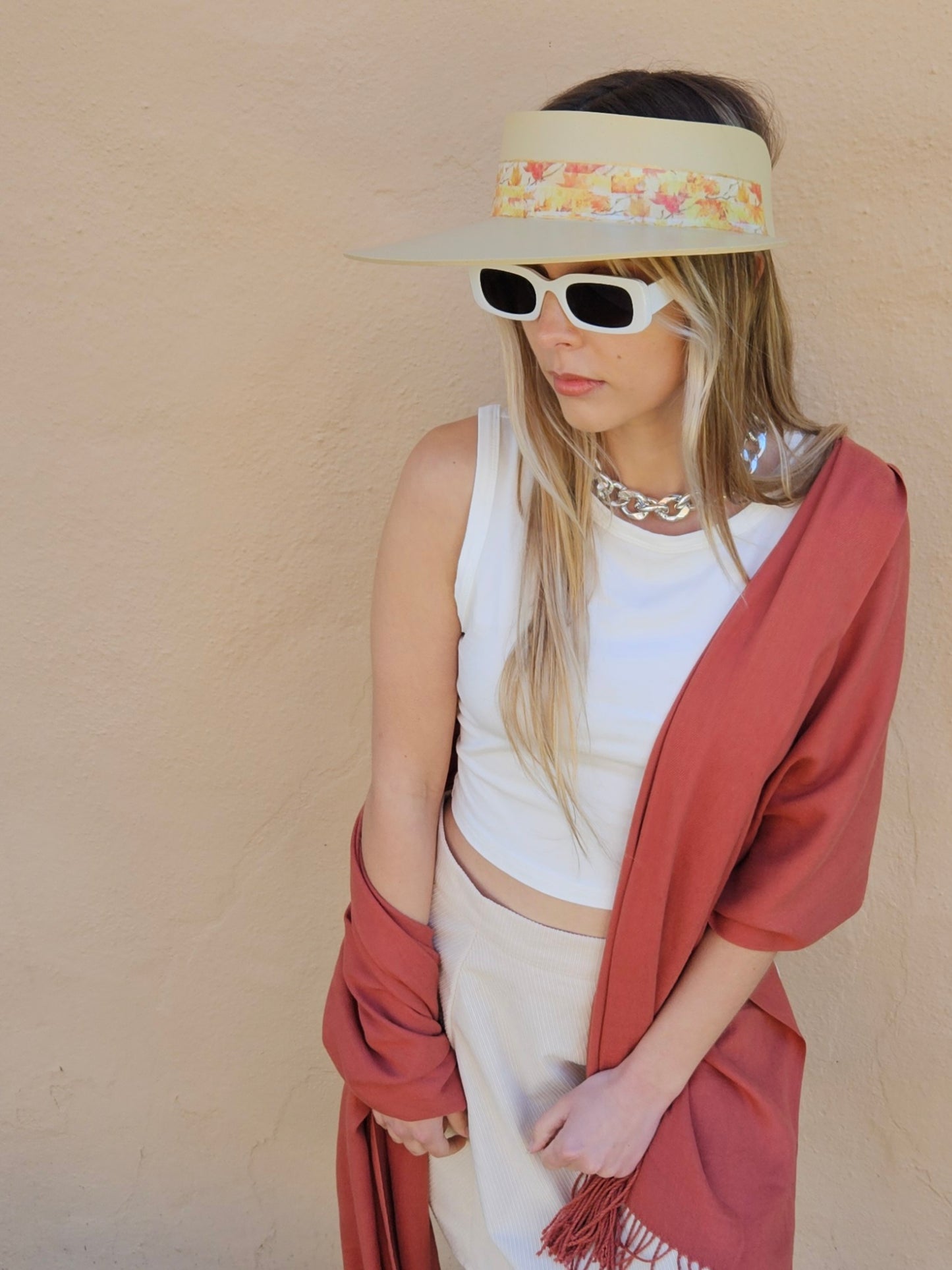 Beige "LadyEVA" Visor Hat with Orange Leaf Band