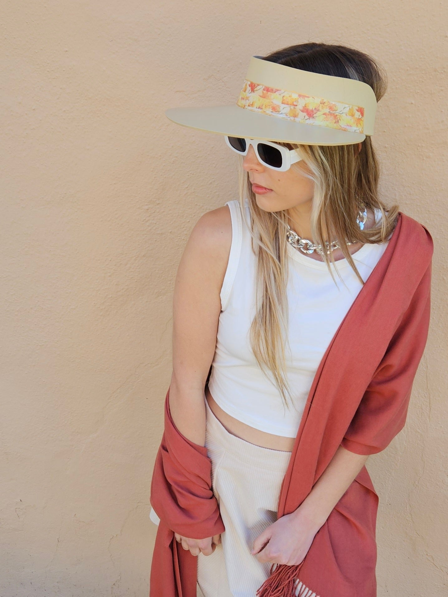 Beige "LadyEVA" Visor Hat with Orange Leaf Band