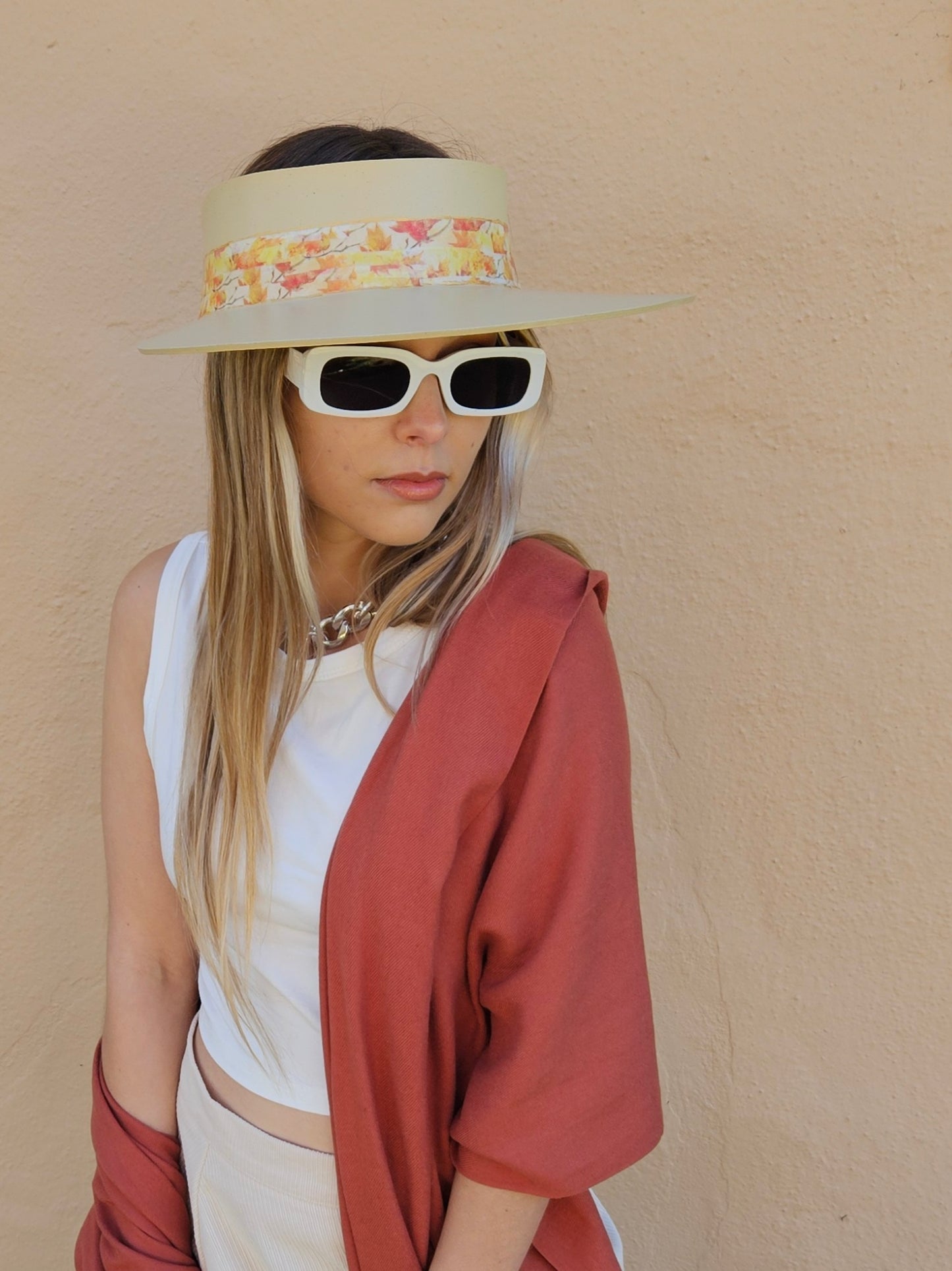 Beige "LadyEVA" Visor Hat with Orange Leaf Band