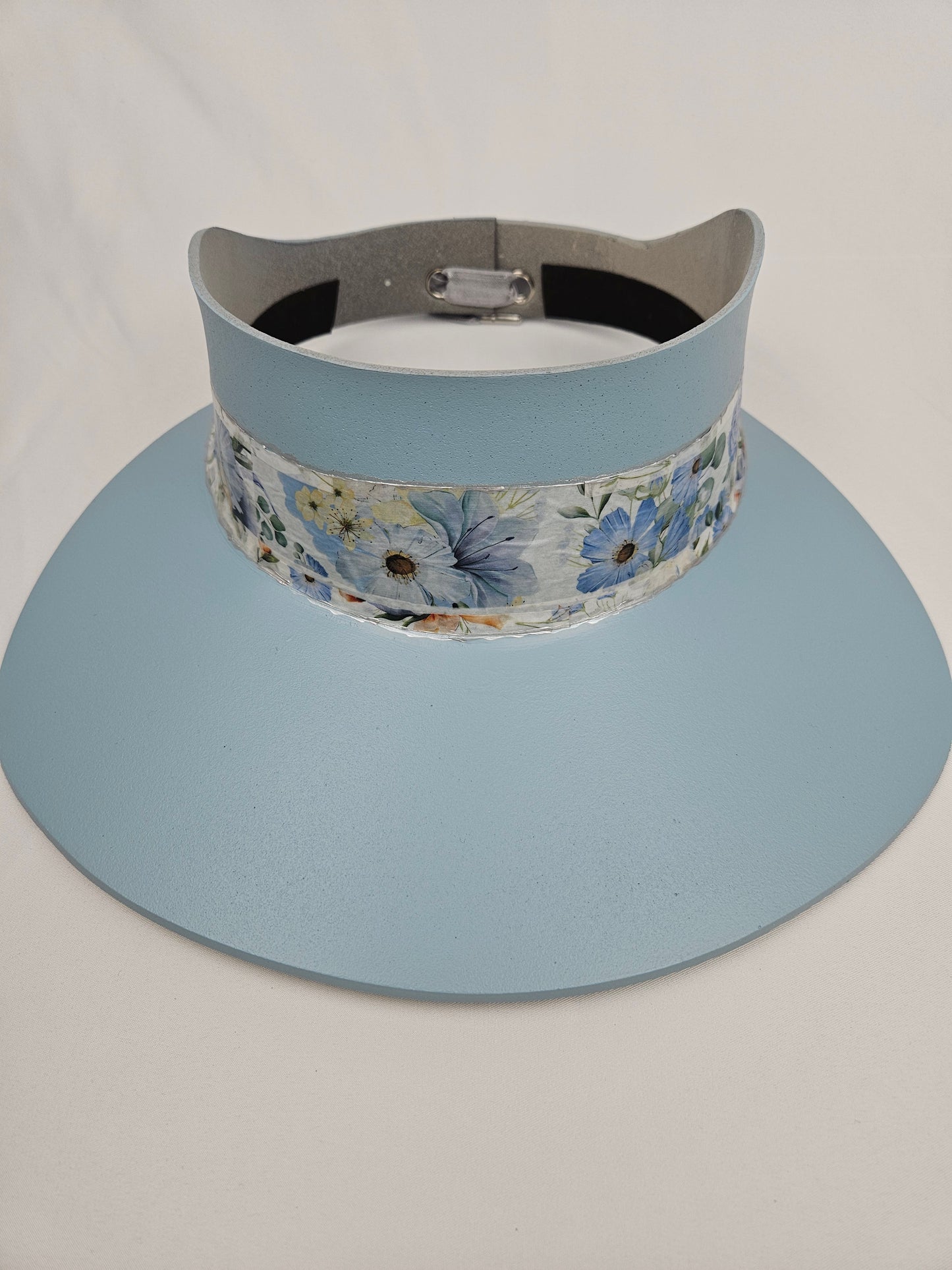 Tall Light Blue "LadyEVA" Visor Hat with Bold Blue Floral Band