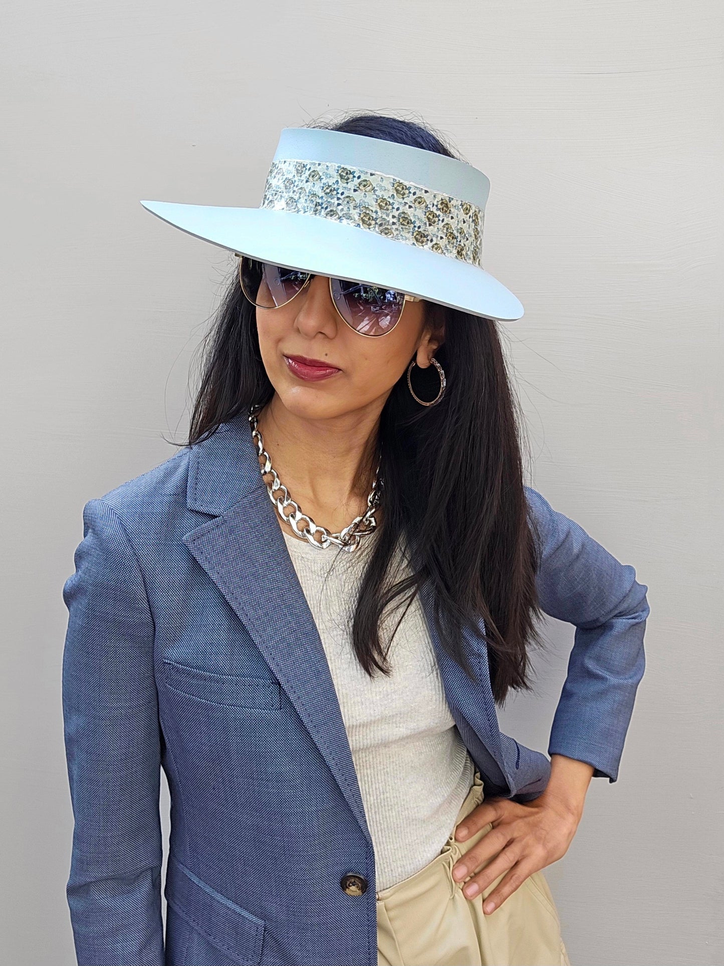 Light Blue "LadyEVA" Visor Hat with Elegant Floral Band