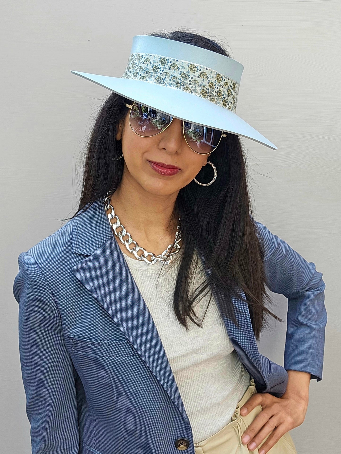 Light Blue "LadyEVA" Visor Hat with Elegant Floral Band