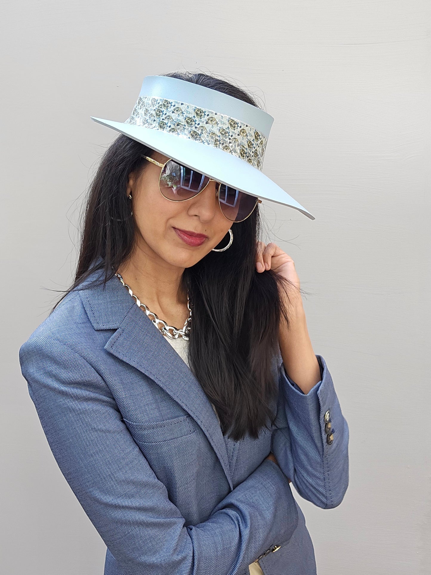 Light Blue "LadyEVA" Visor Hat with Elegant Floral Band