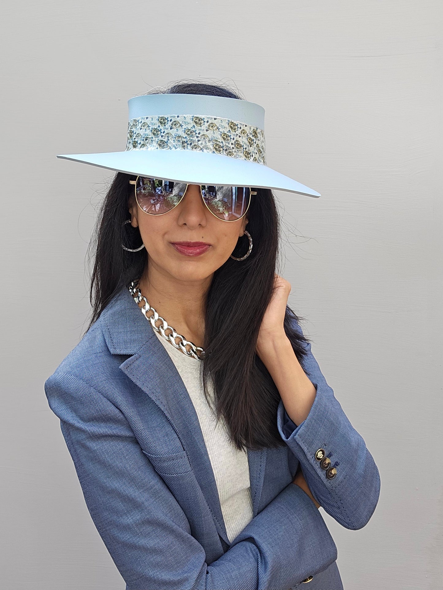 Light Blue "LadyEVA" Visor Hat with Elegant Floral Band