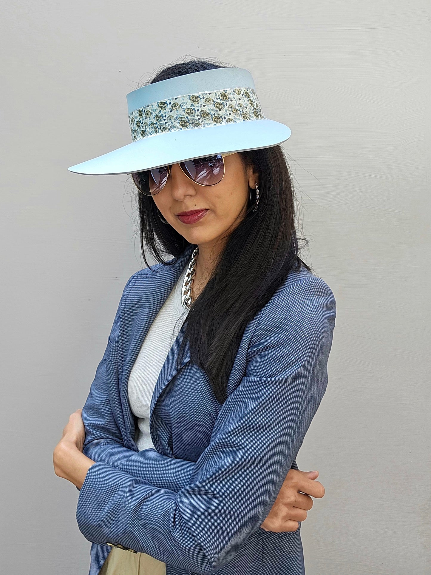 Light Blue "LadyEVA" Visor Hat with Elegant Floral Band