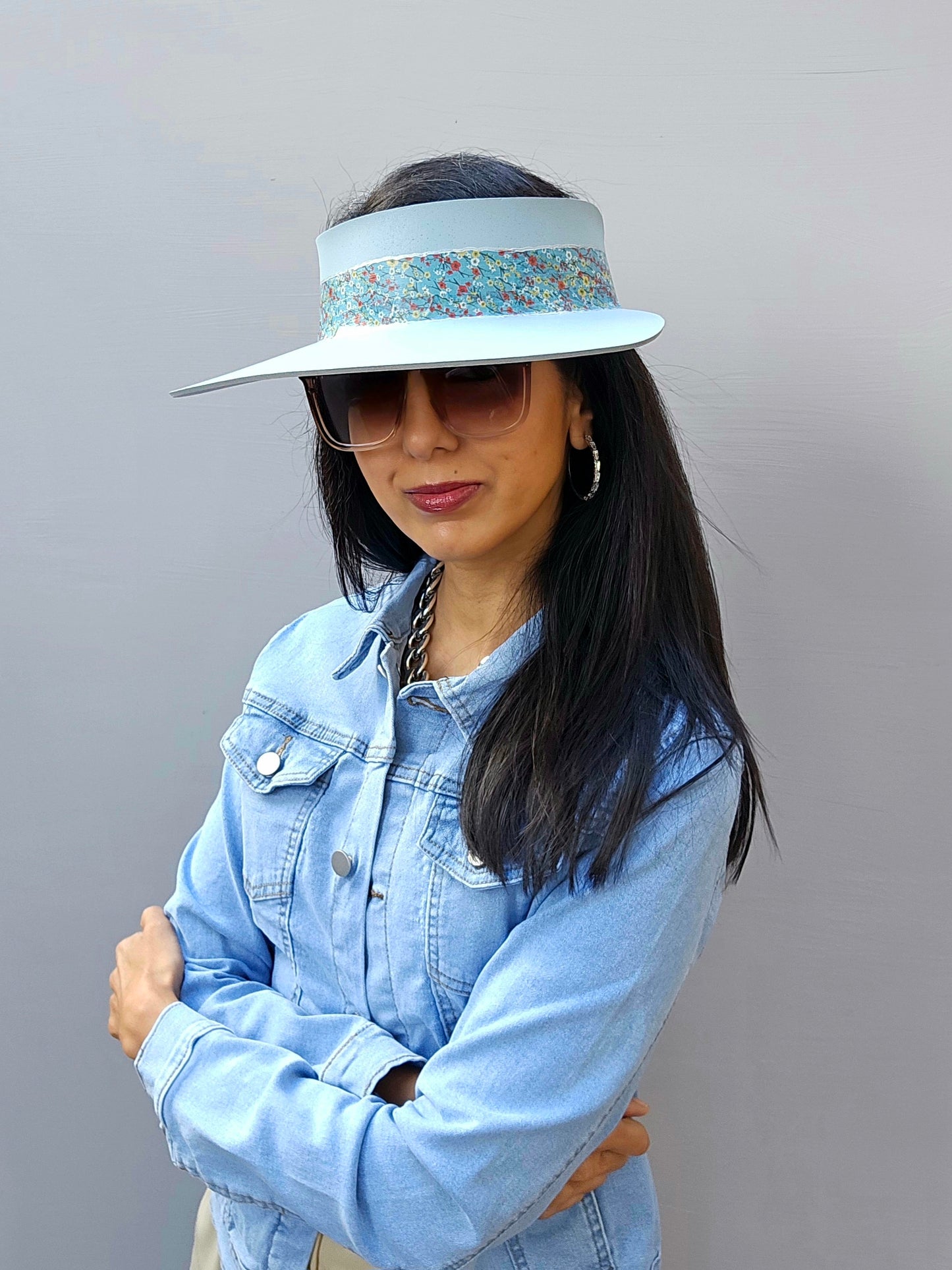 Light Blue "LadyEVA" Visor Hat with Floral Band