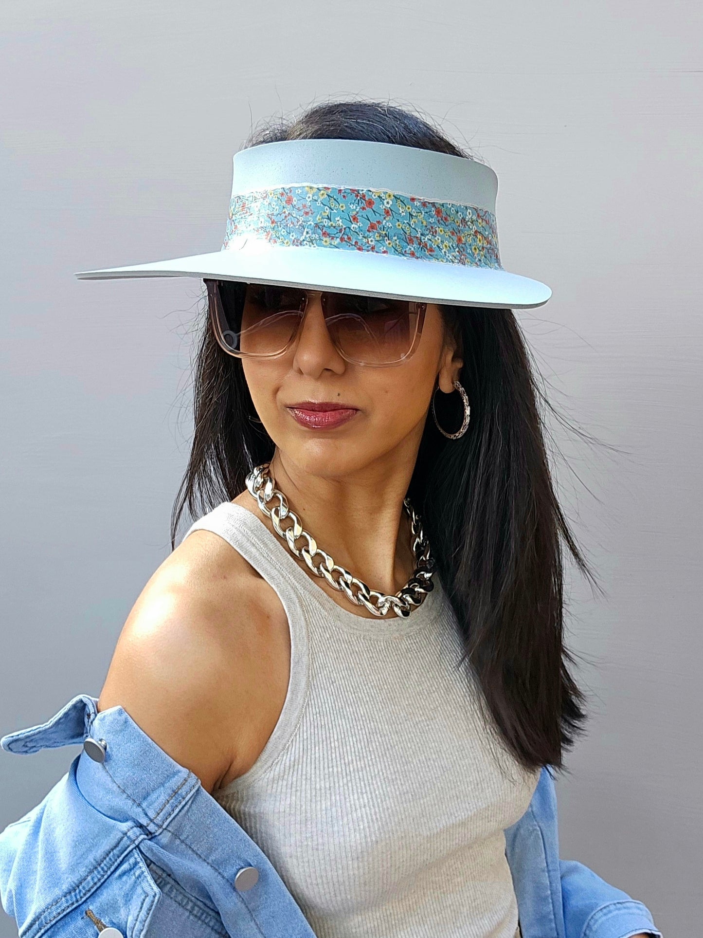 Light Blue "LadyEVA" Visor Hat with Floral Band