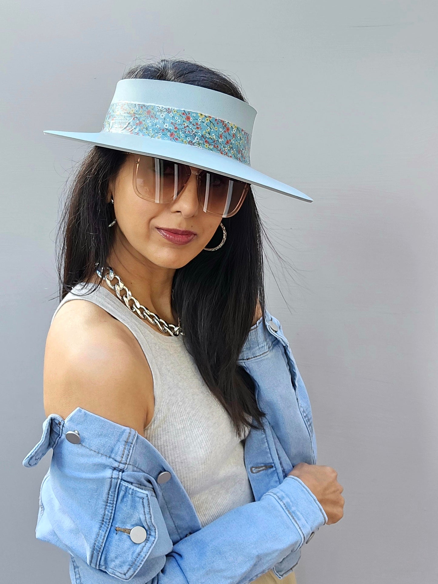 Light Blue "LadyEVA" Visor Hat with Floral Band