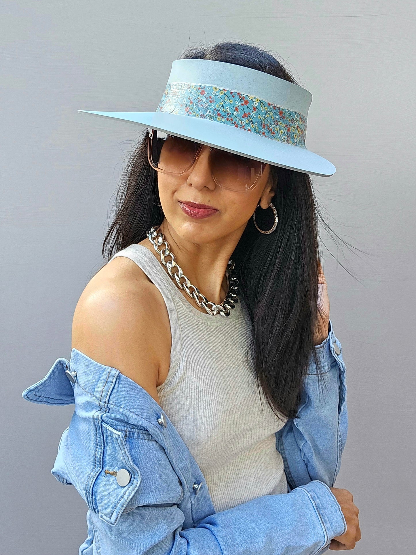 Light Blue "LadyEVA" Visor Hat with Floral Band