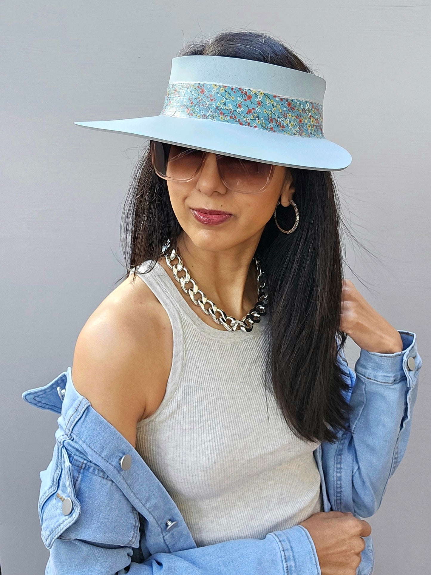 Light Blue "LadyEVA" Visor Hat with Floral Band