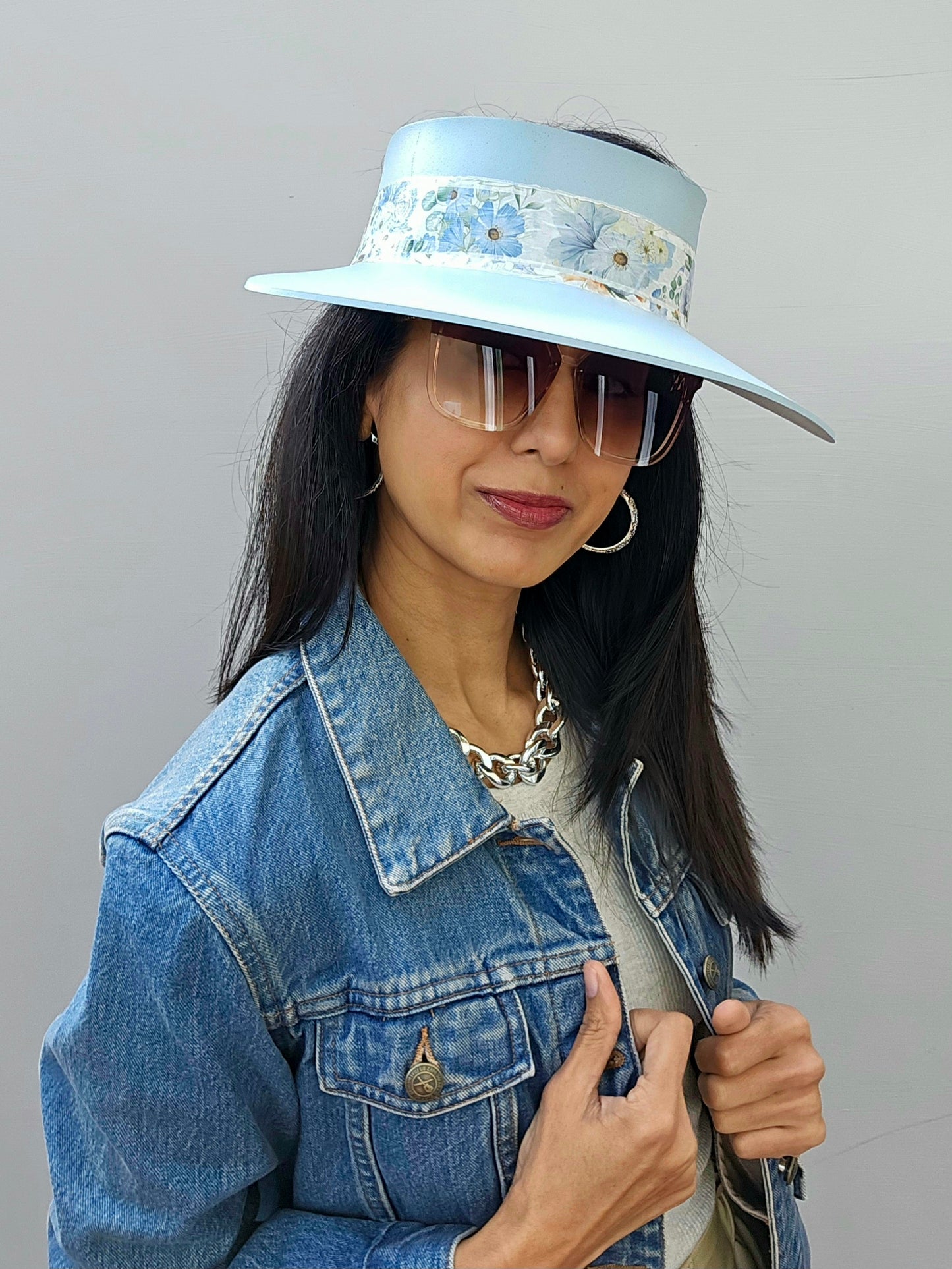 Tall Light Blue "LadyEVA" Visor Hat with Bold Blue Floral Band