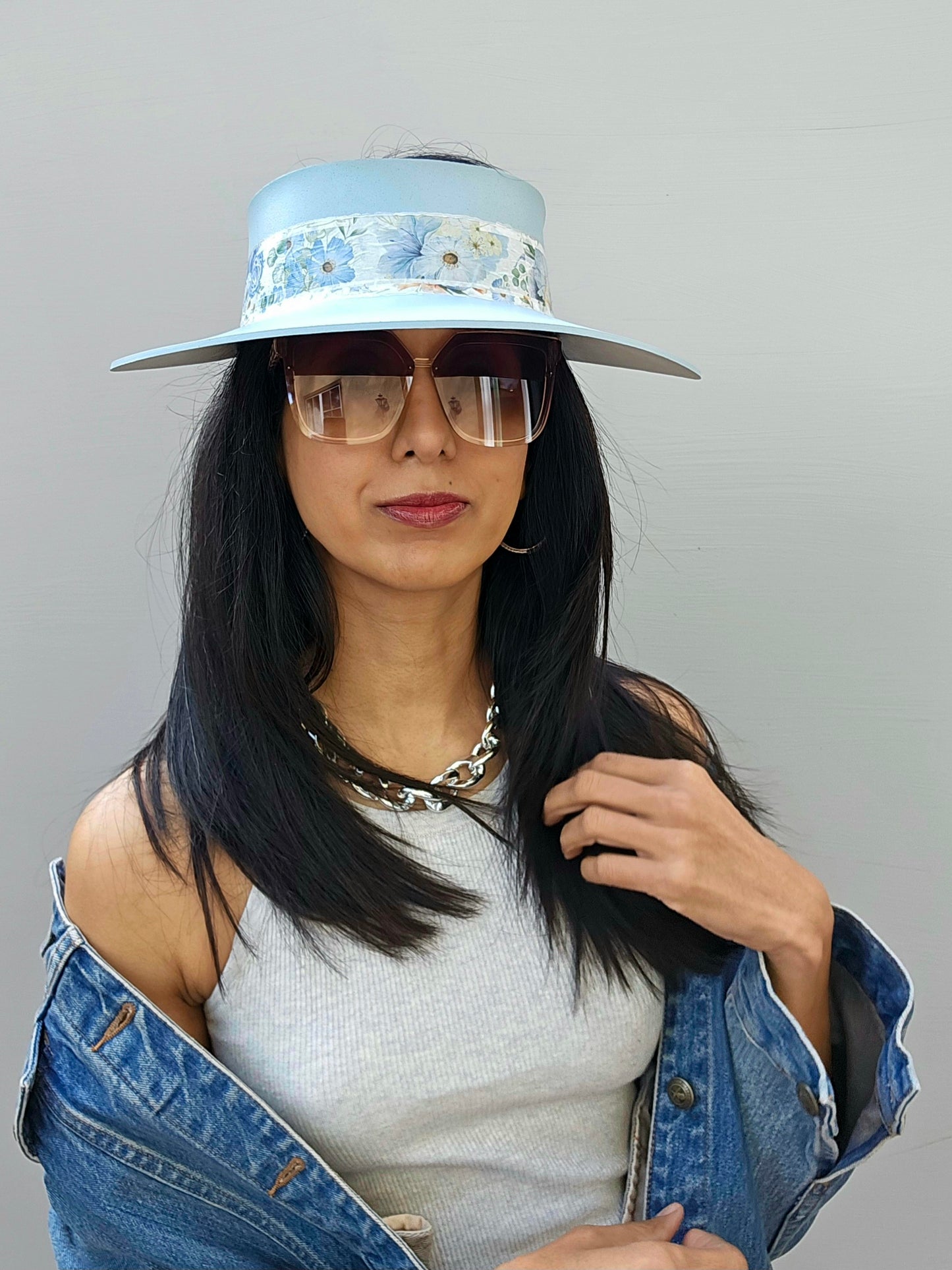 Tall Light Blue "LadyEVA" Visor Hat with Bold Blue Floral Band