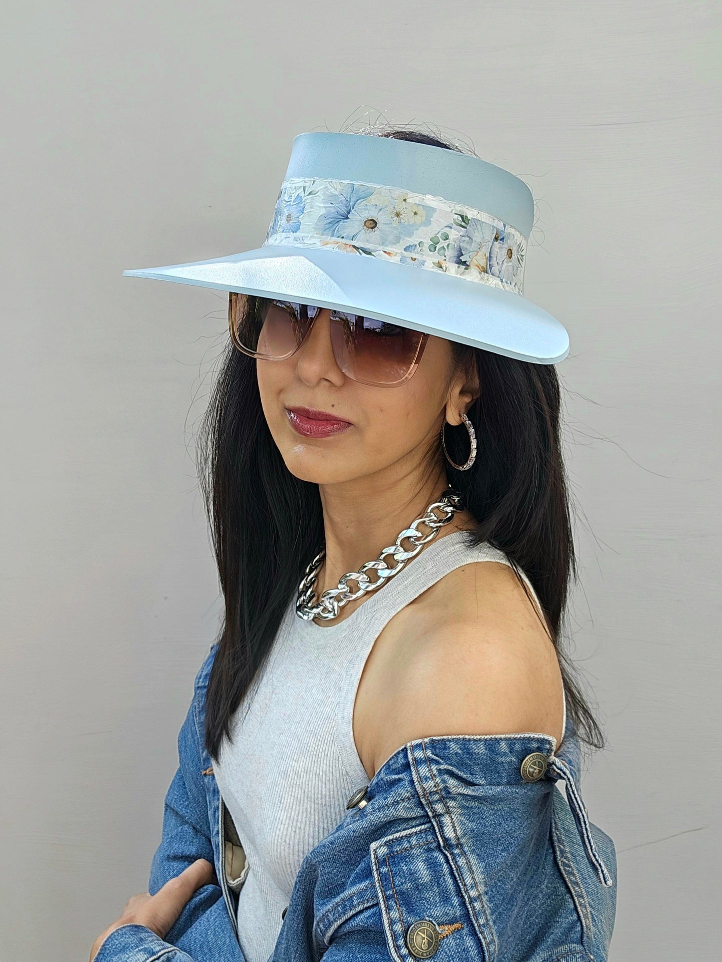 Tall Light Blue "LadyEVA" Visor Hat with Bold Blue Floral Band