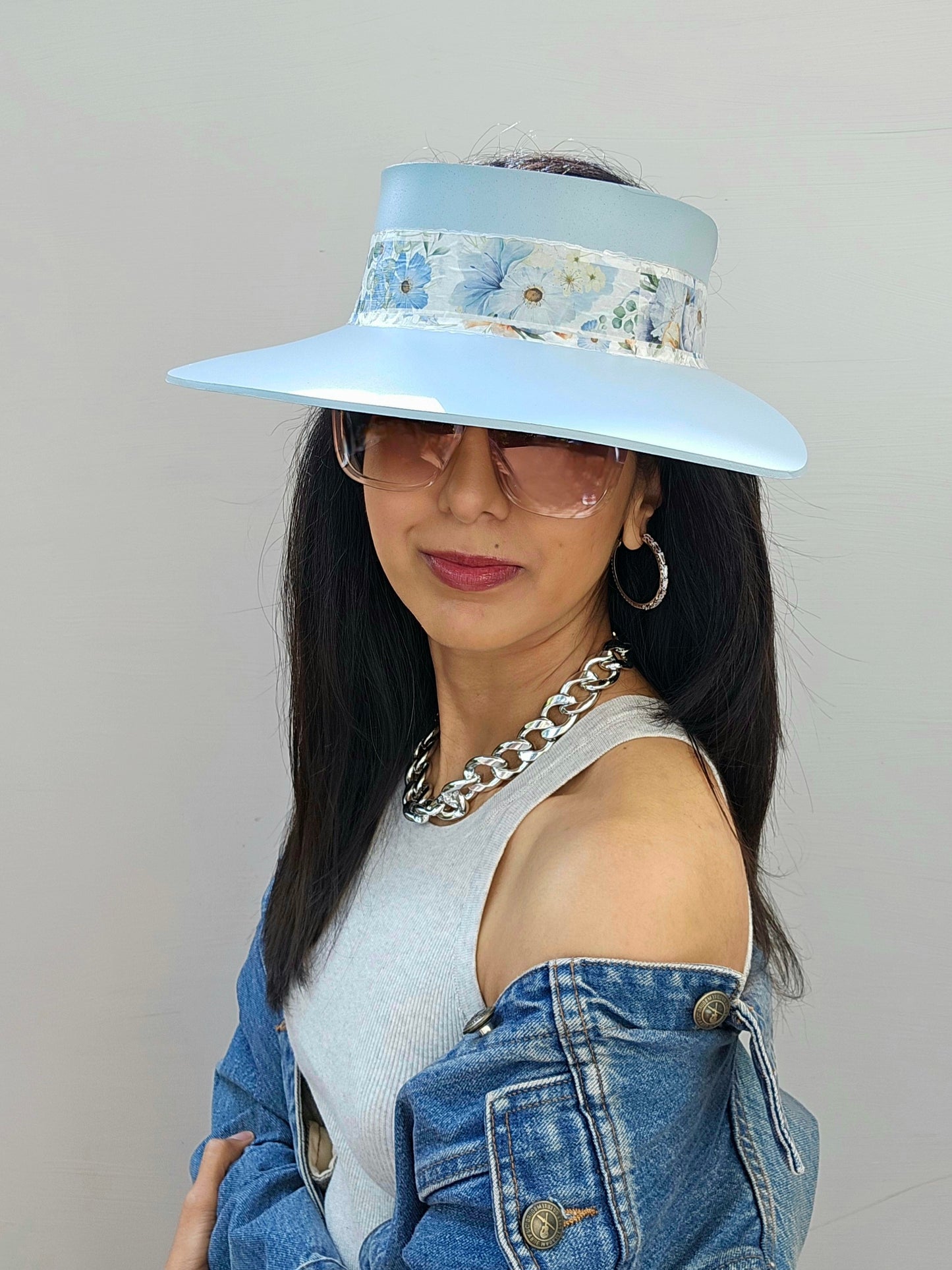 Tall Light Blue "LadyEVA" Visor Hat with Bold Blue Floral Band