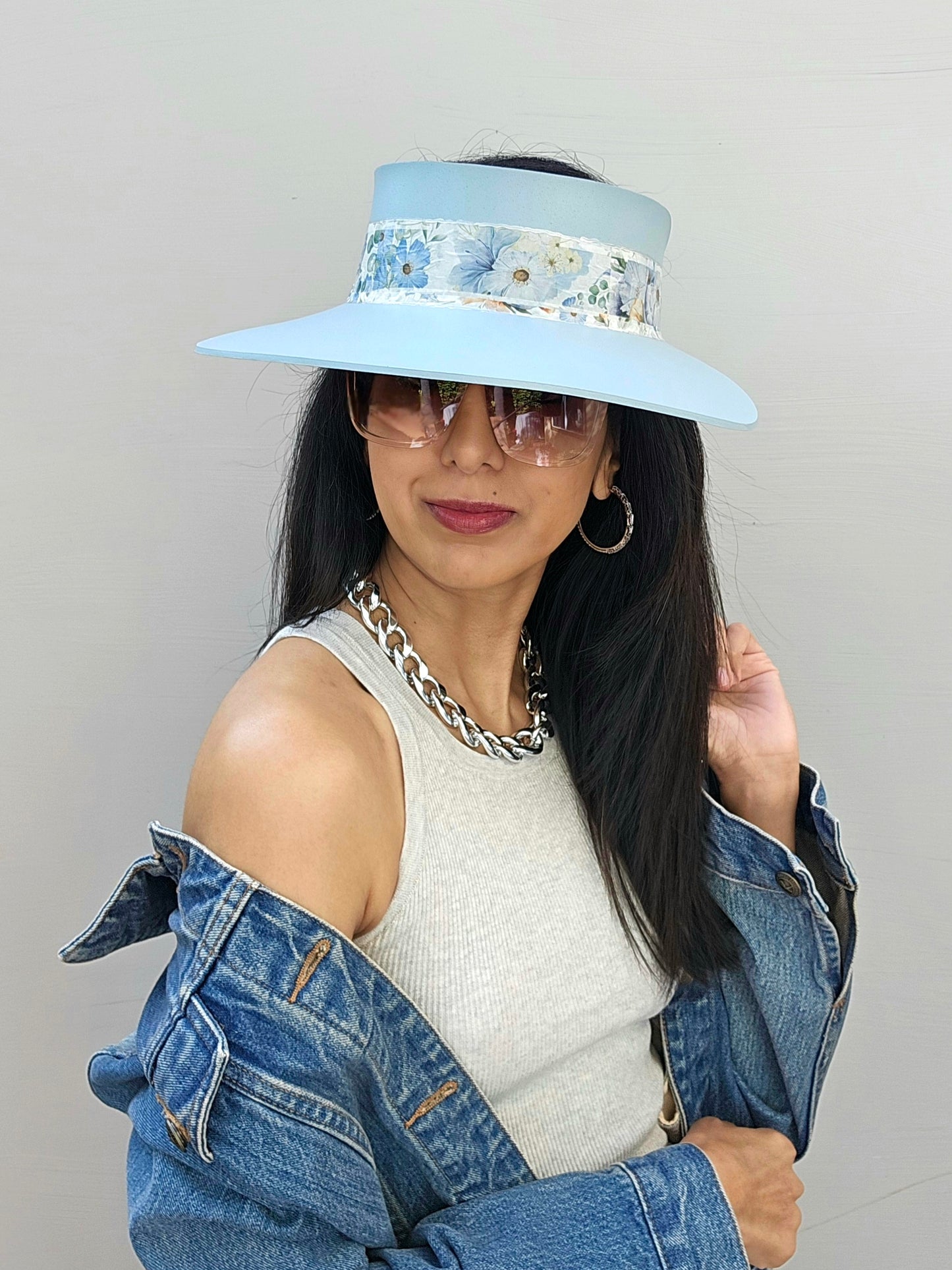 Tall Light Blue "LadyEVA" Visor Hat with Bold Blue Floral Band