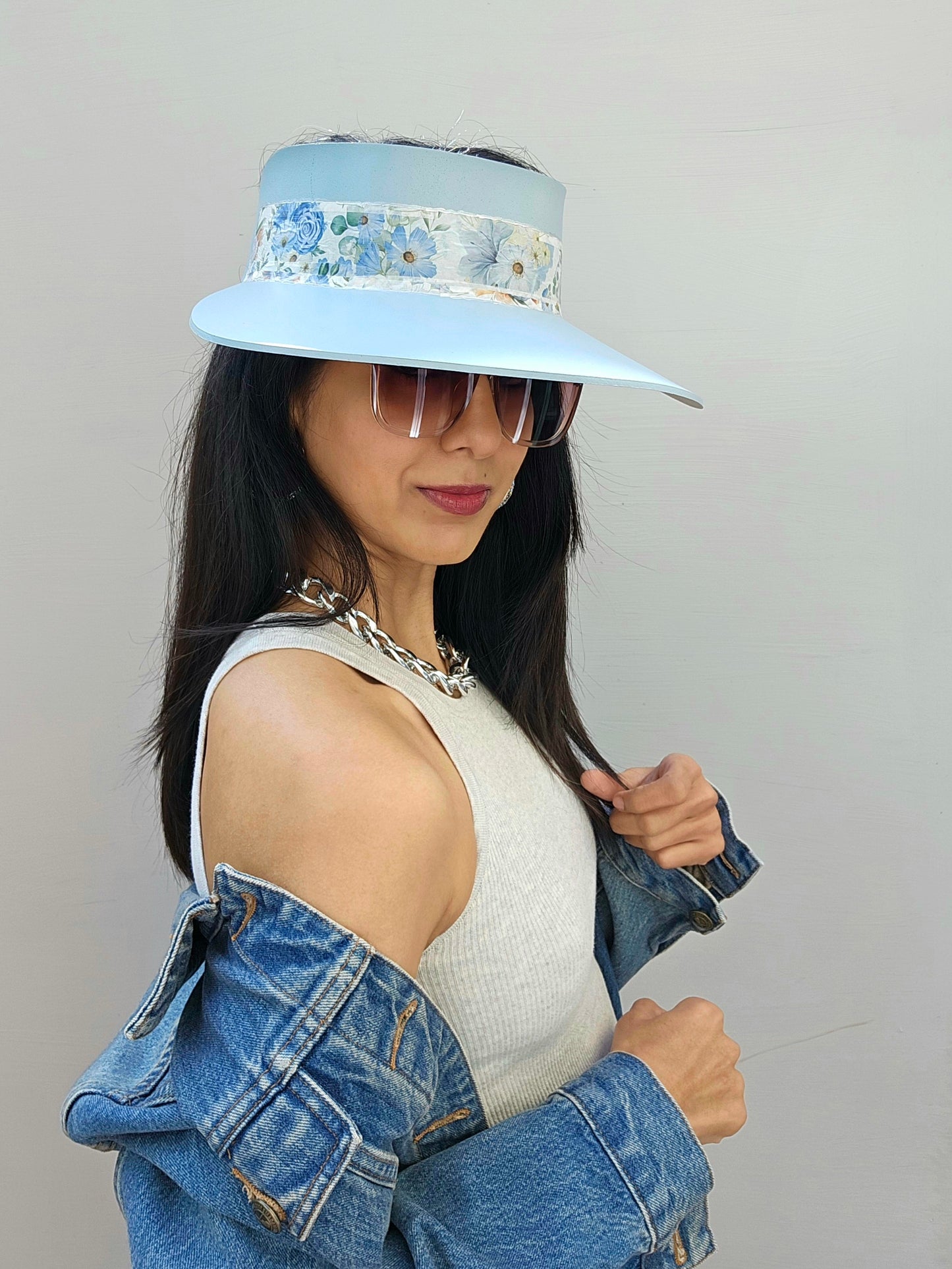 Tall Light Blue "LadyEVA" Visor Hat with Bold Blue Floral Band