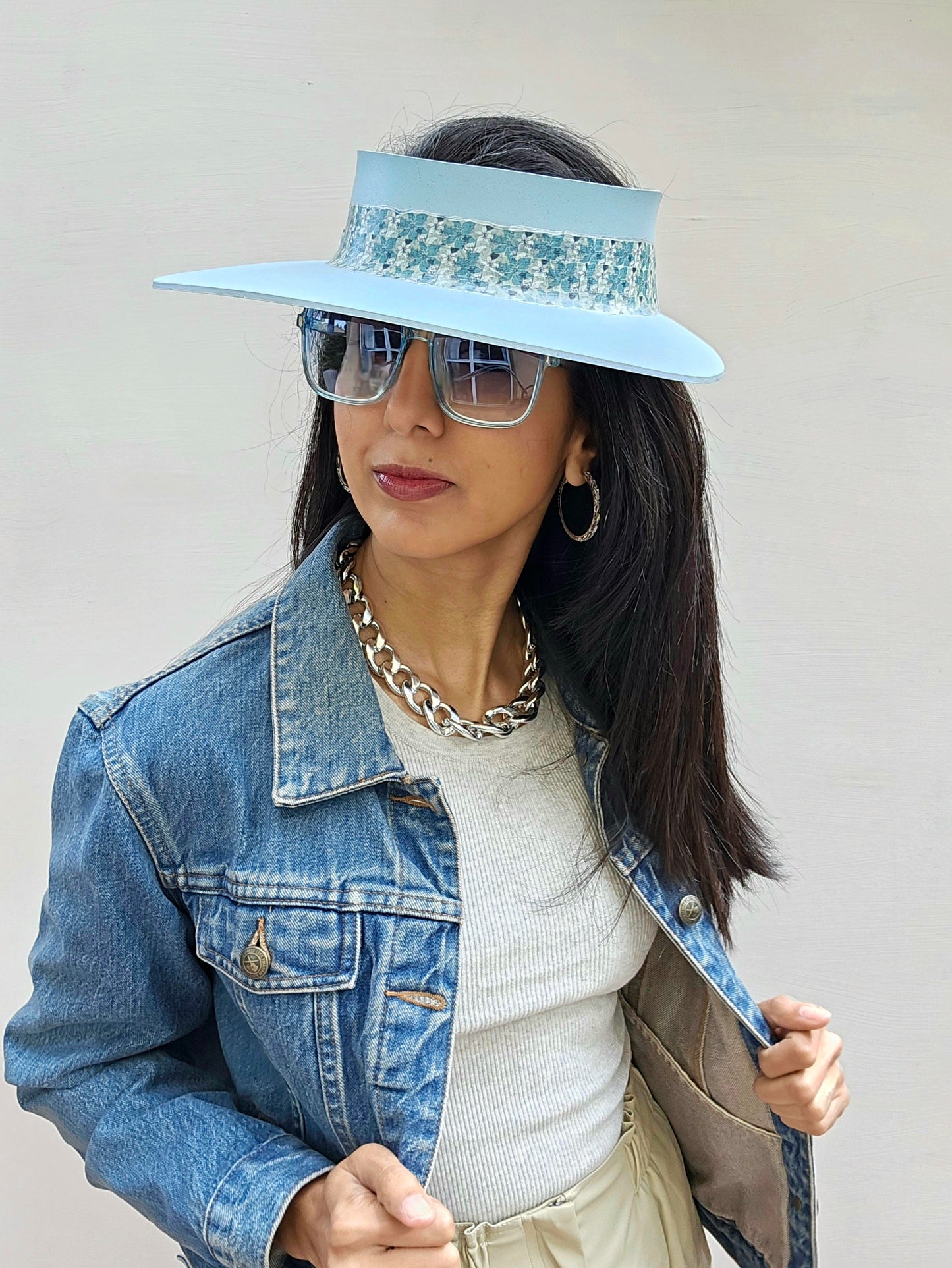 Light Blue "LadyEVA" Visor Hat with Teal Floral Band