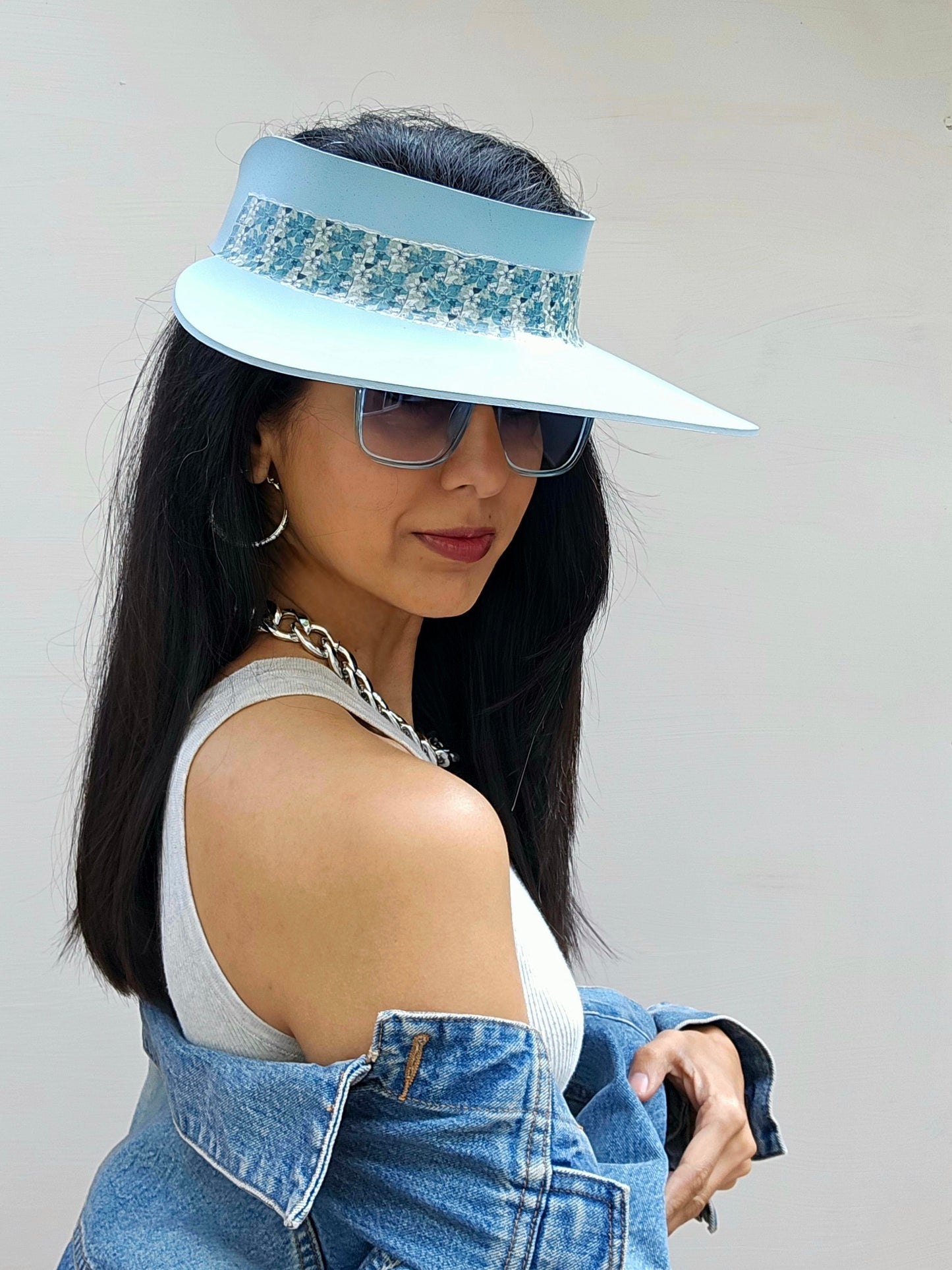 Light Blue "LadyEVA" Visor Hat with Teal Floral Band