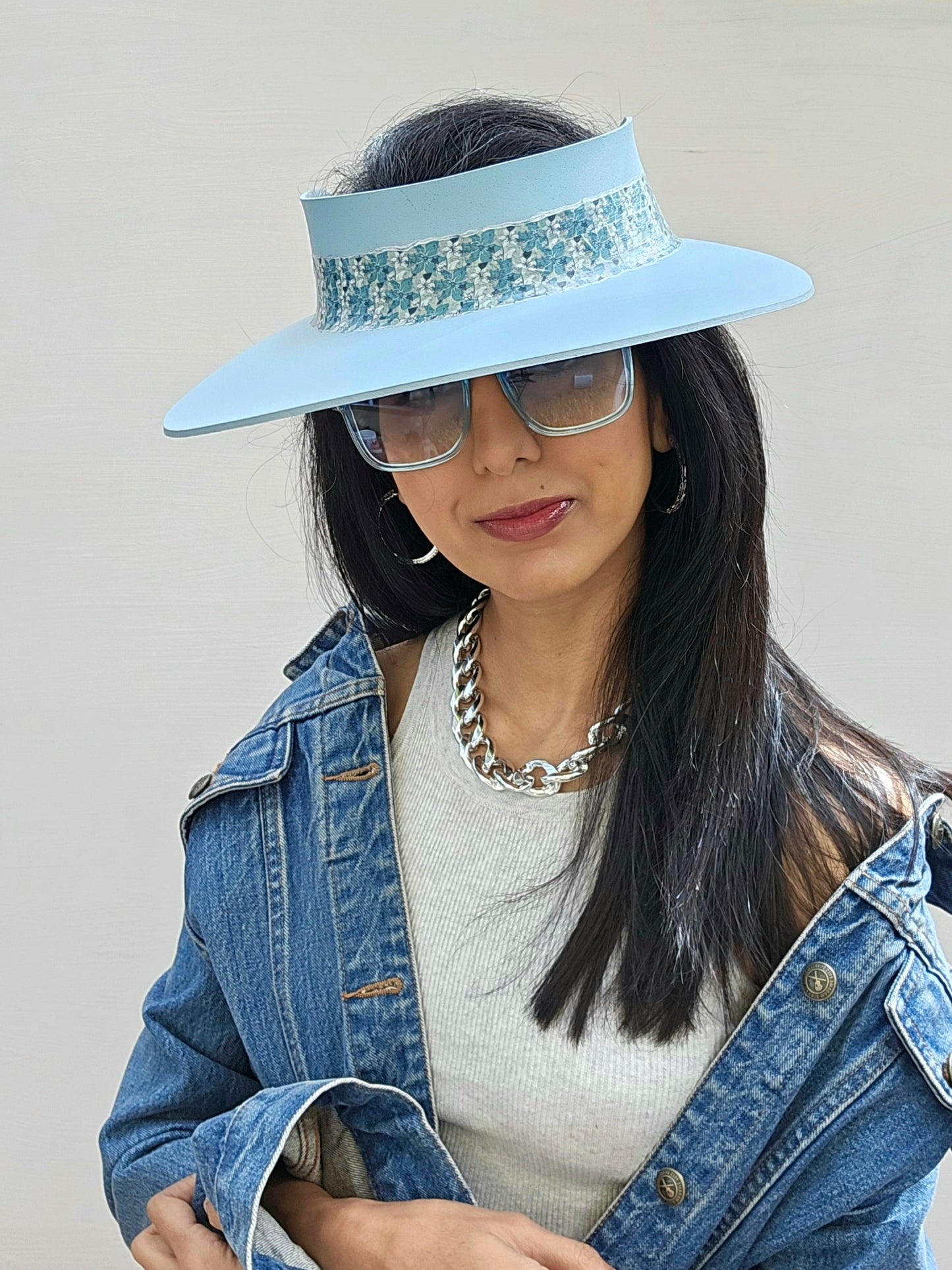 Light Blue "LadyEVA" Visor Hat with Teal Floral Band