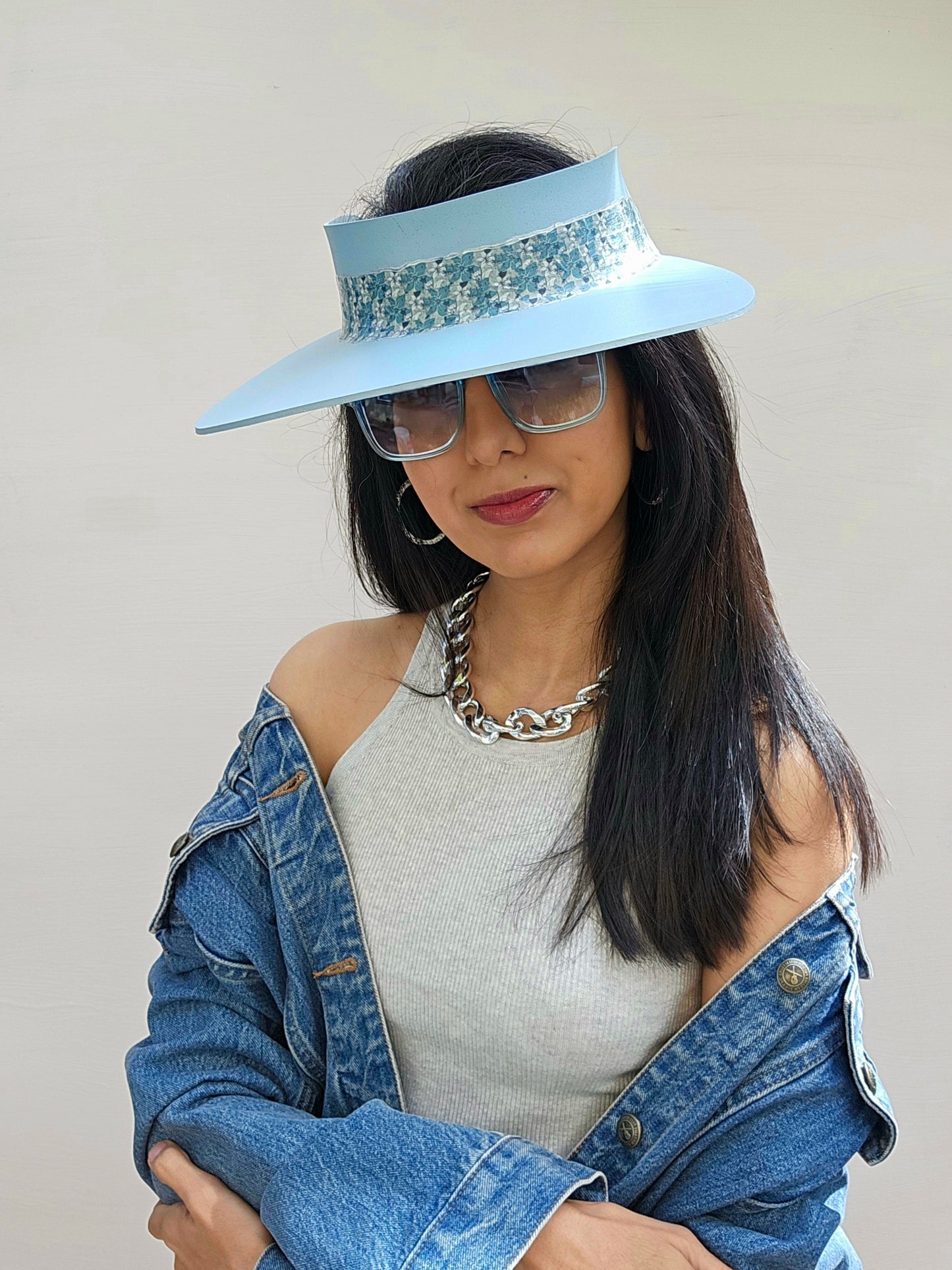 Light Blue "LadyEVA" Visor Hat with Teal Floral Band