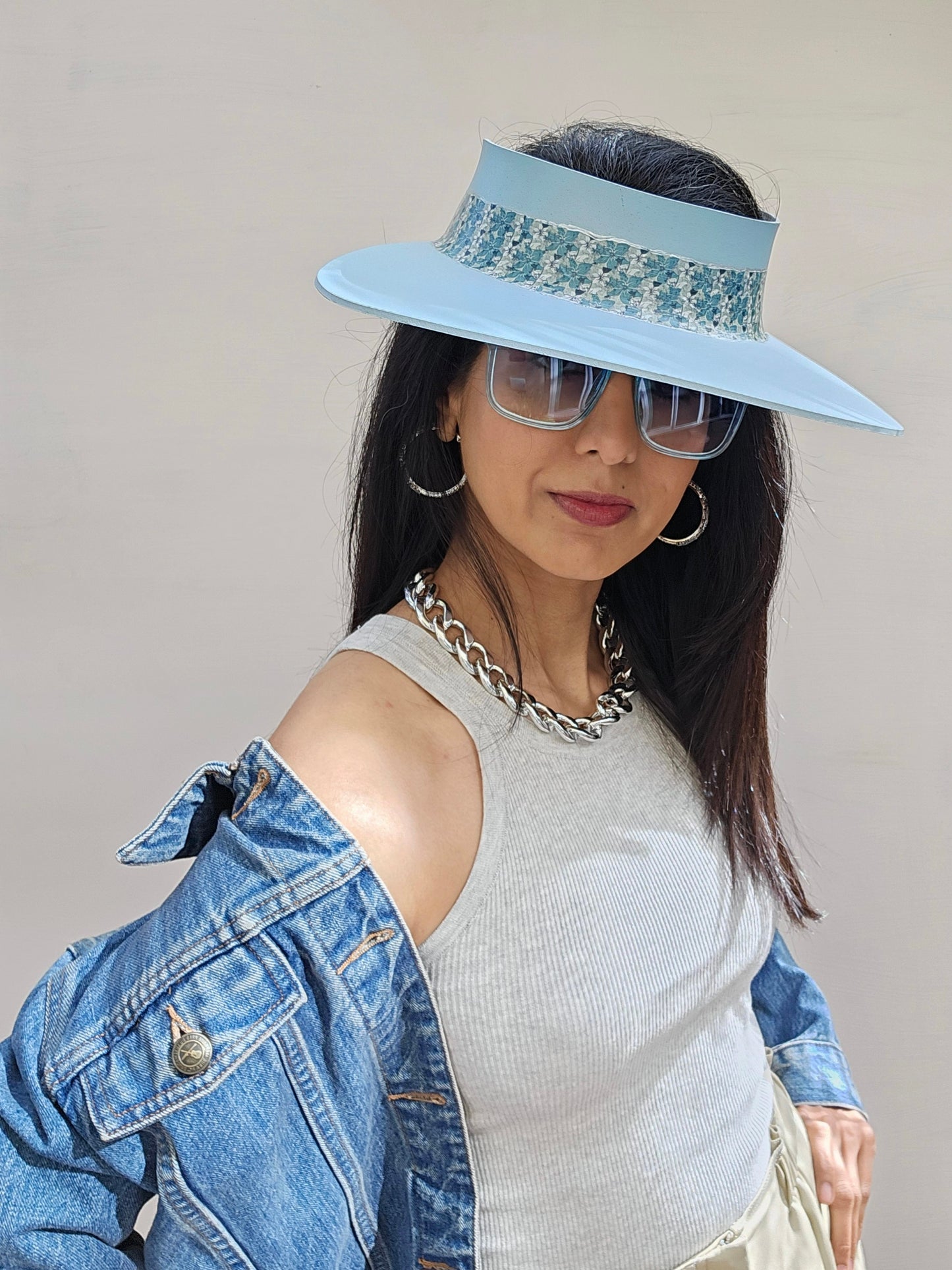 Light Blue "LadyEVA" Visor Hat with Teal Floral Band