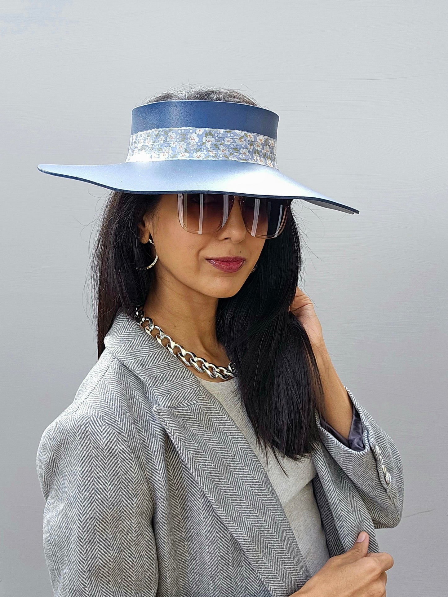 Navy Blue Lotus Visor Hat with Floral Band