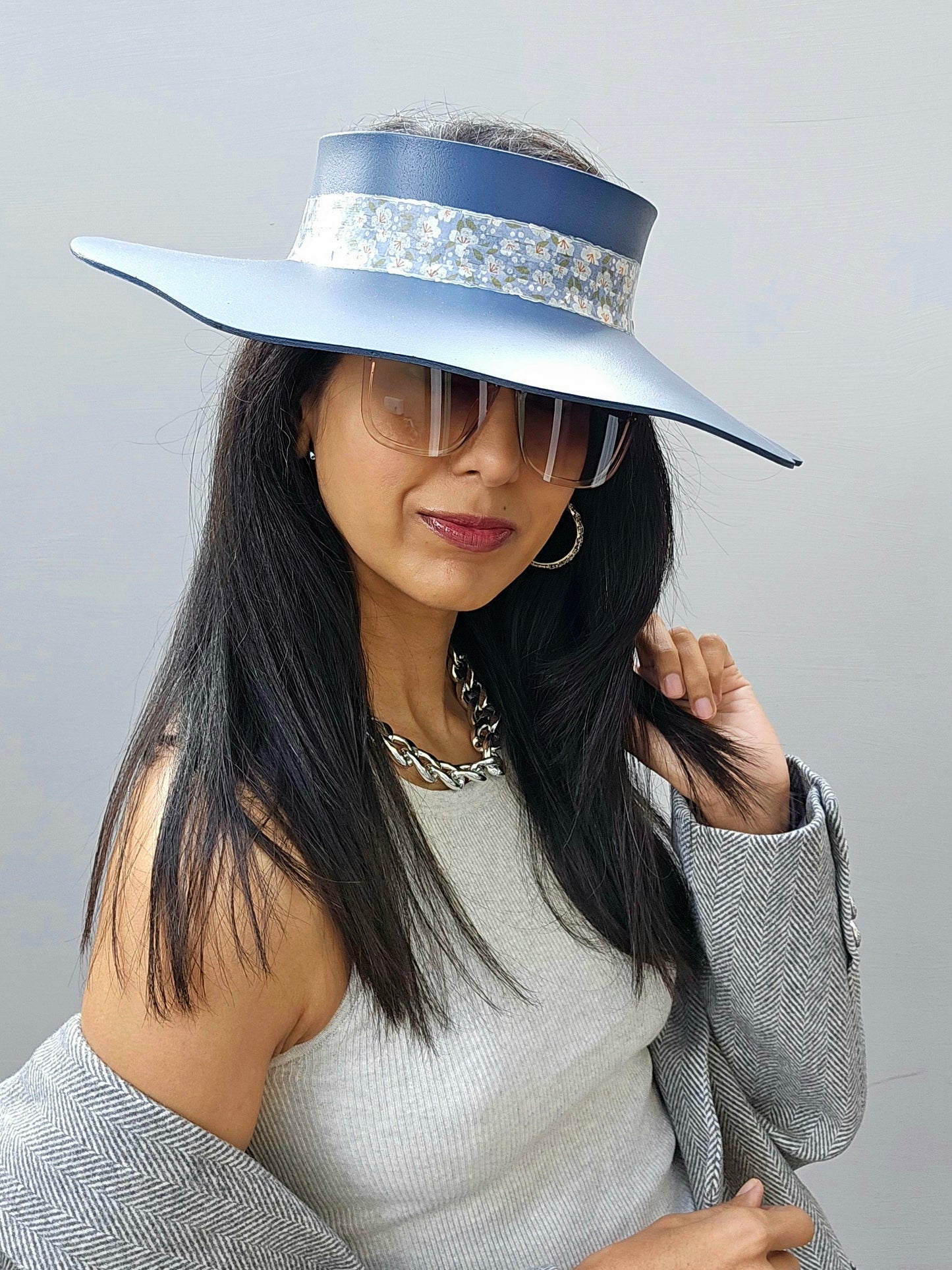 Navy Blue Lotus Visor Hat with Floral Band