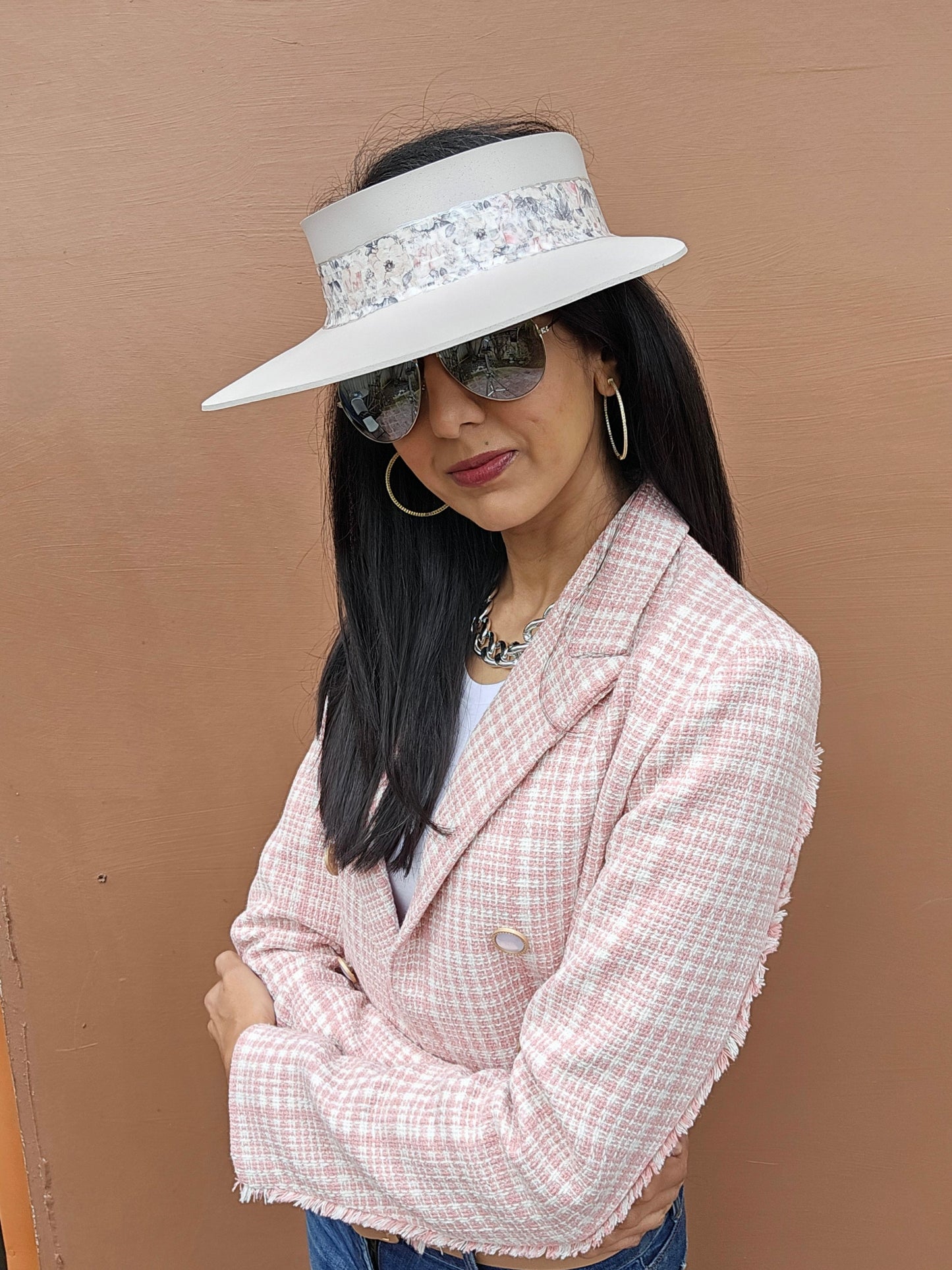 Tall Light Pink "LadyEVA" Visor Hat with Pink Floral Band