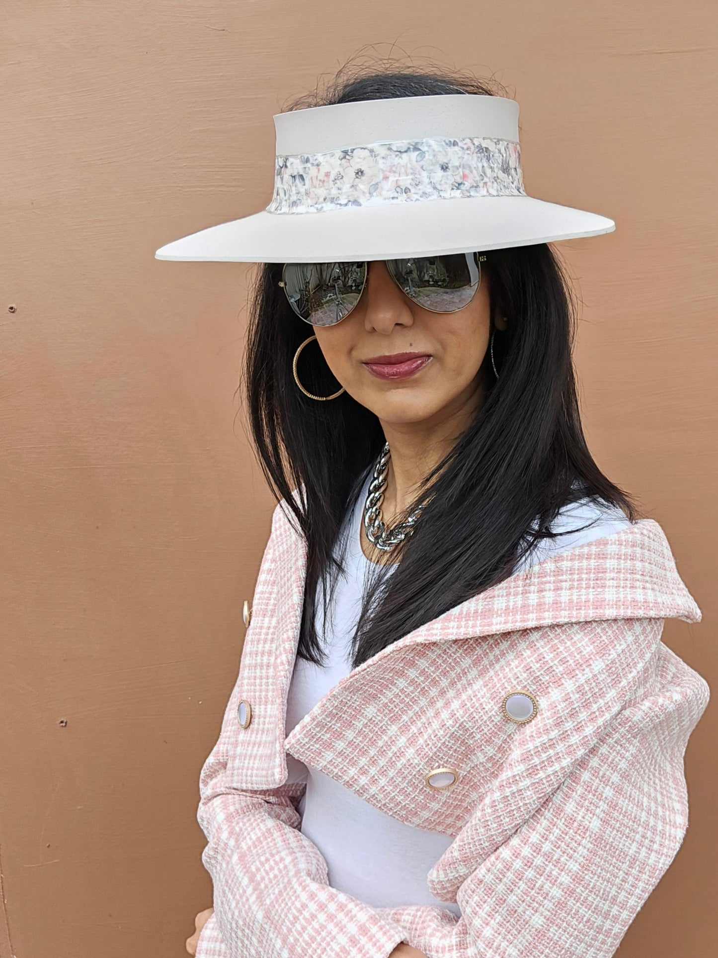 Tall Light Pink "LadyEVA" Visor Hat with Pink Floral Band