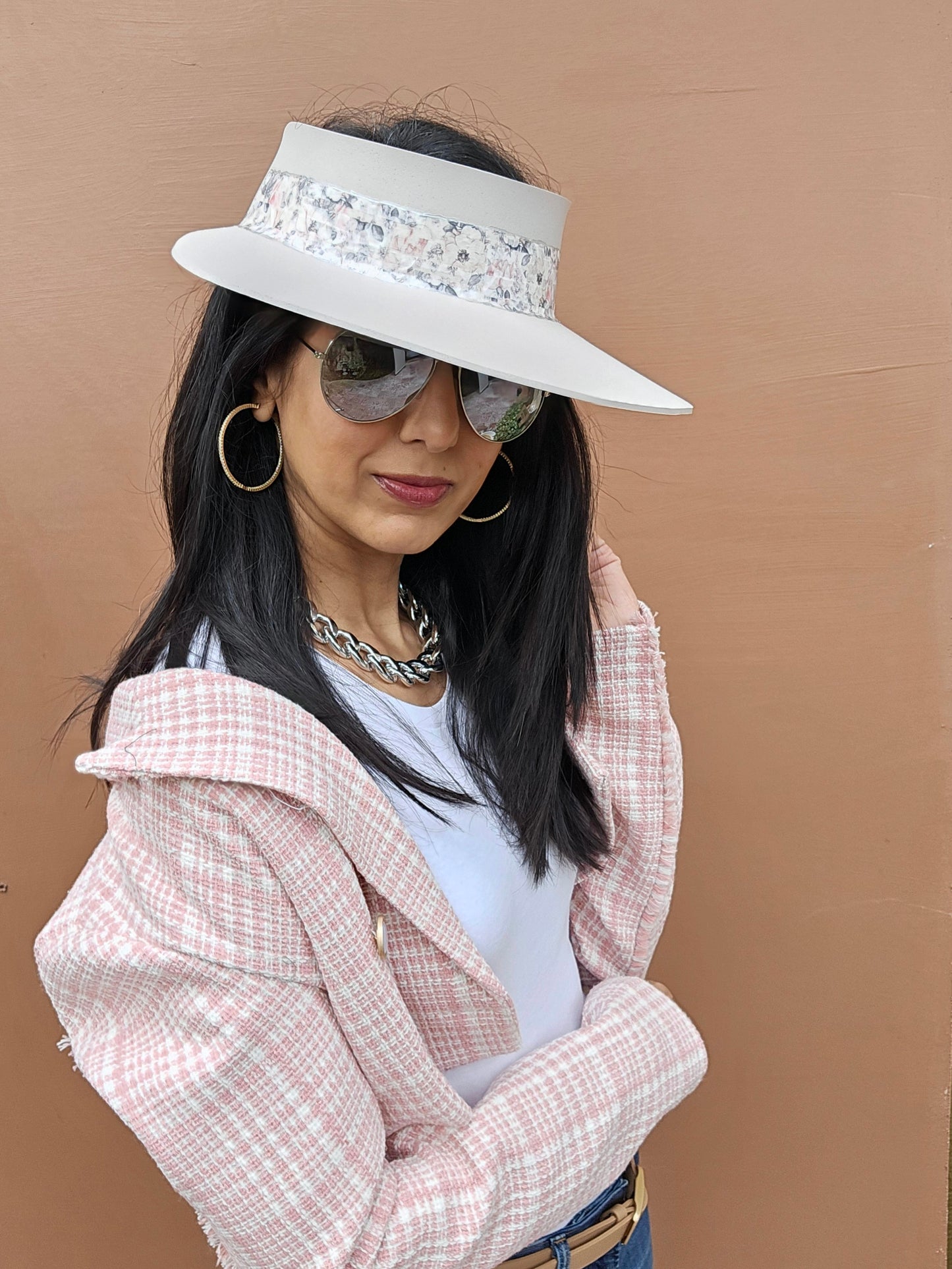 Tall Light Pink "LadyEVA" Visor Hat with Pink Floral Band