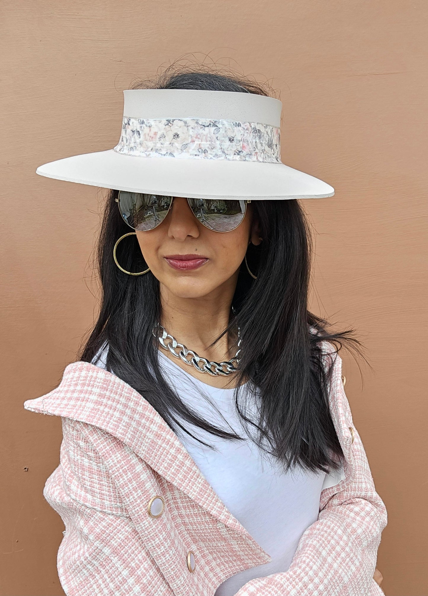 Tall Light Pink "LadyEVA" Visor Hat with Pink Floral Band