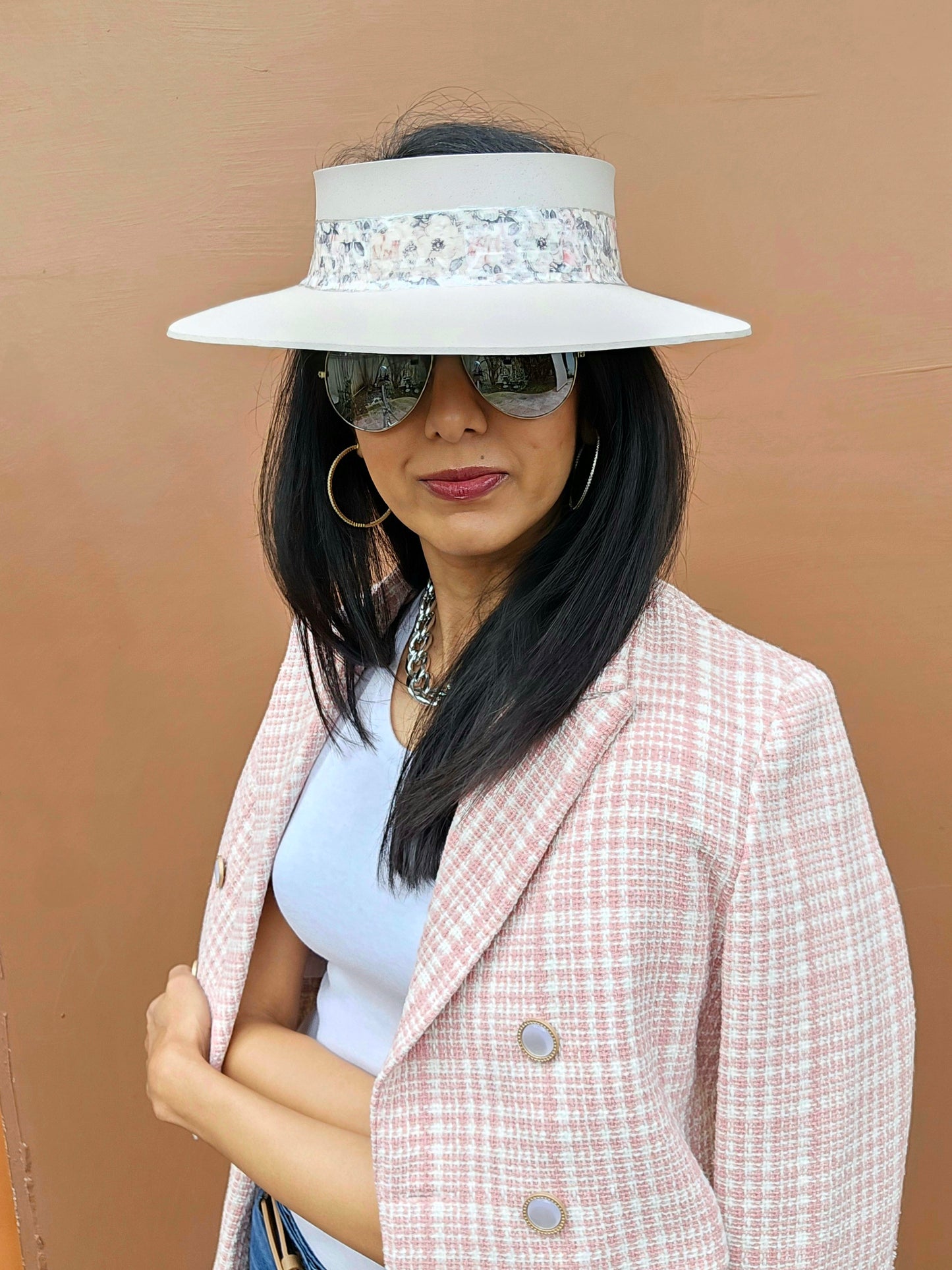 Tall Light Pink "LadyEVA" Visor Hat with Pink Floral Band