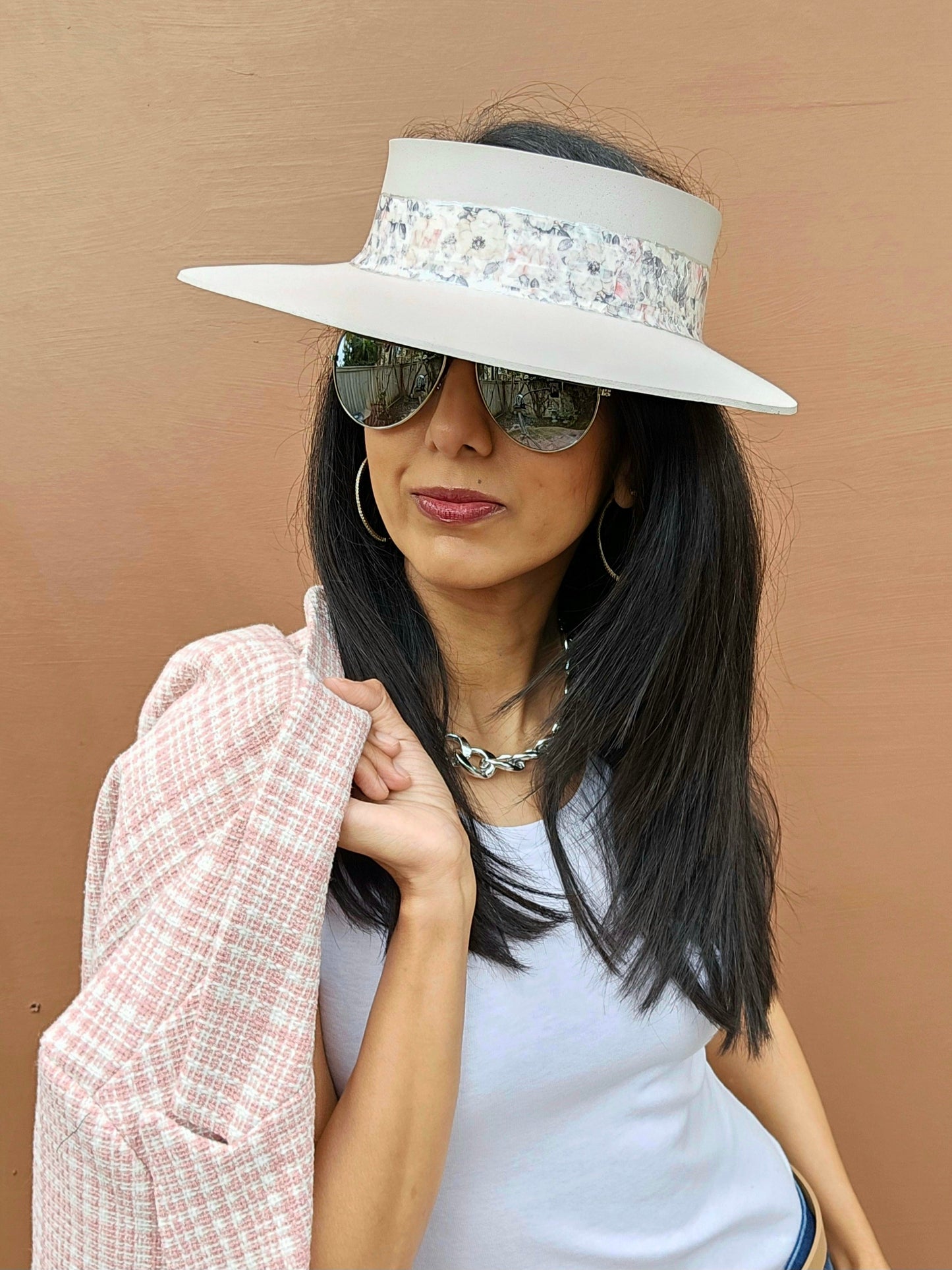 Tall Light Pink "LadyEVA" Visor Hat with Pink Floral Band