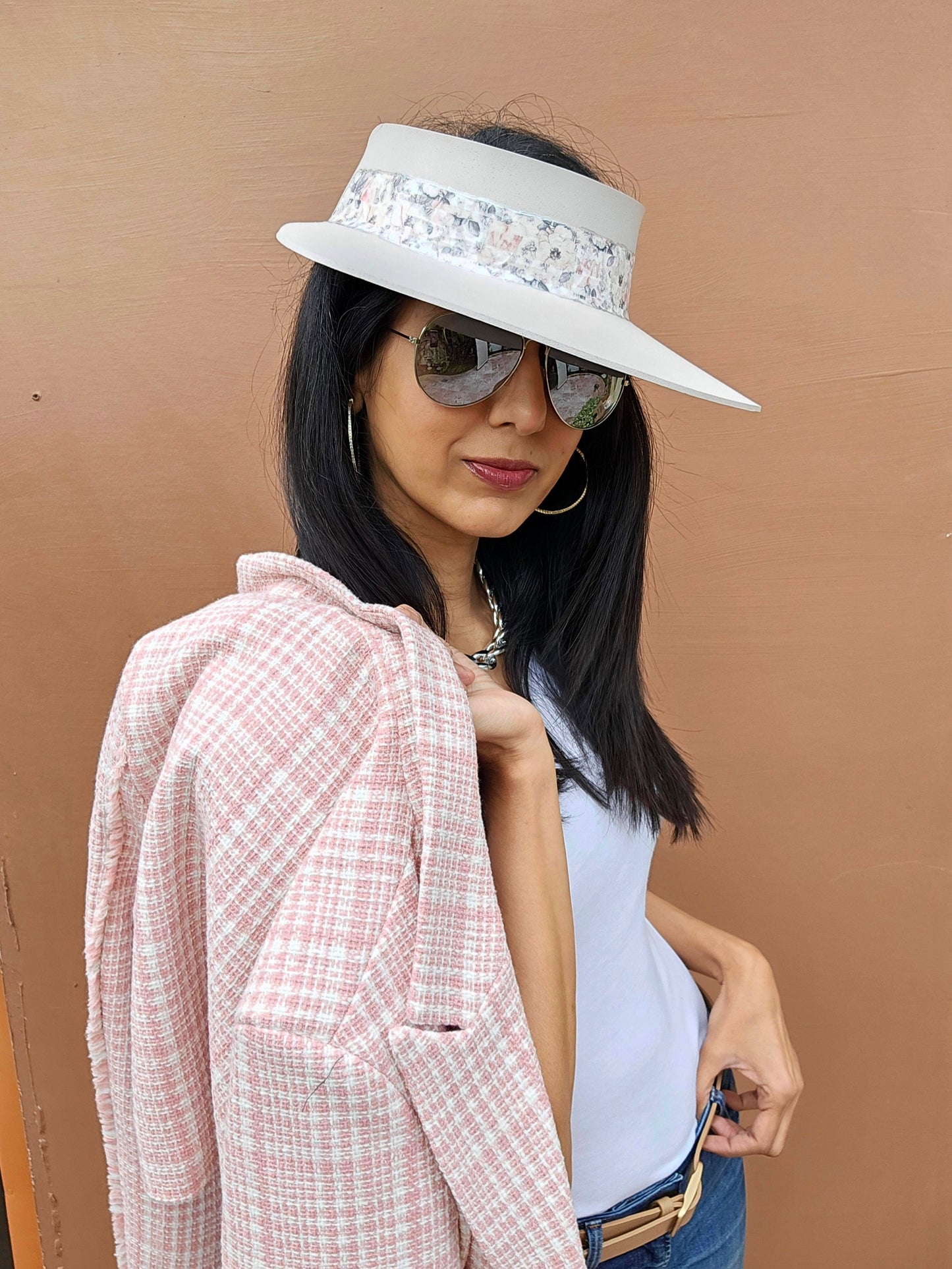 Tall Light Pink "LadyEVA" Visor Hat with Pink Floral Band