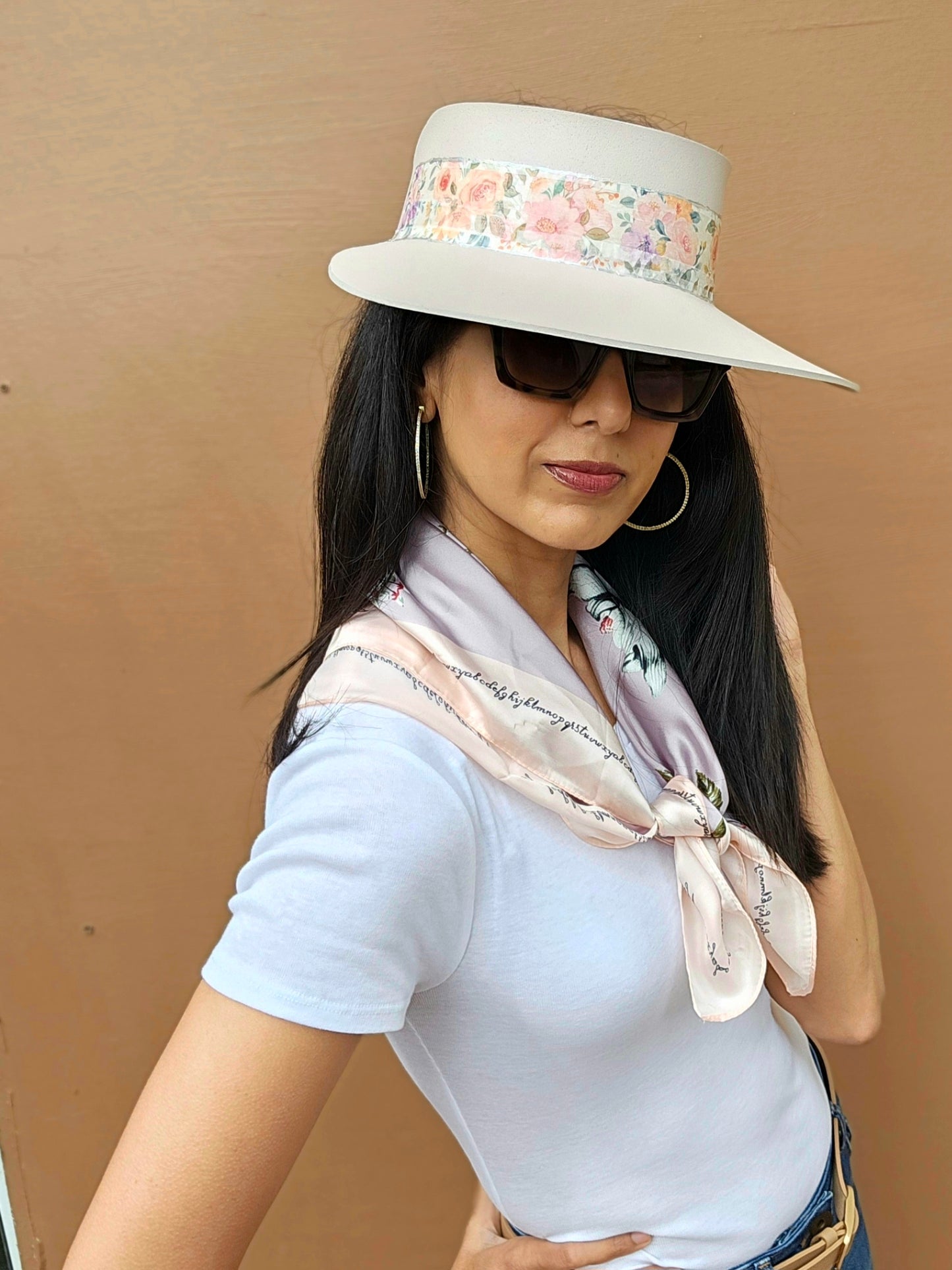 Tall Light Pink "LadyEVA" Visor Hat with Bold Floral Band