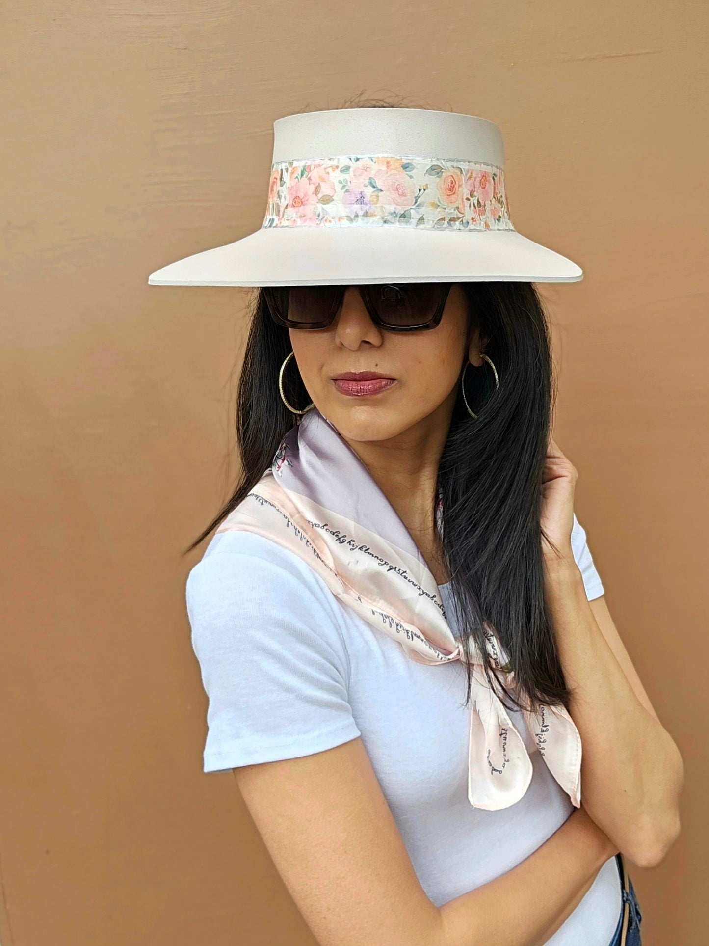 Tall Light Pink "LadyEVA" Visor Hat with Bold Floral Band