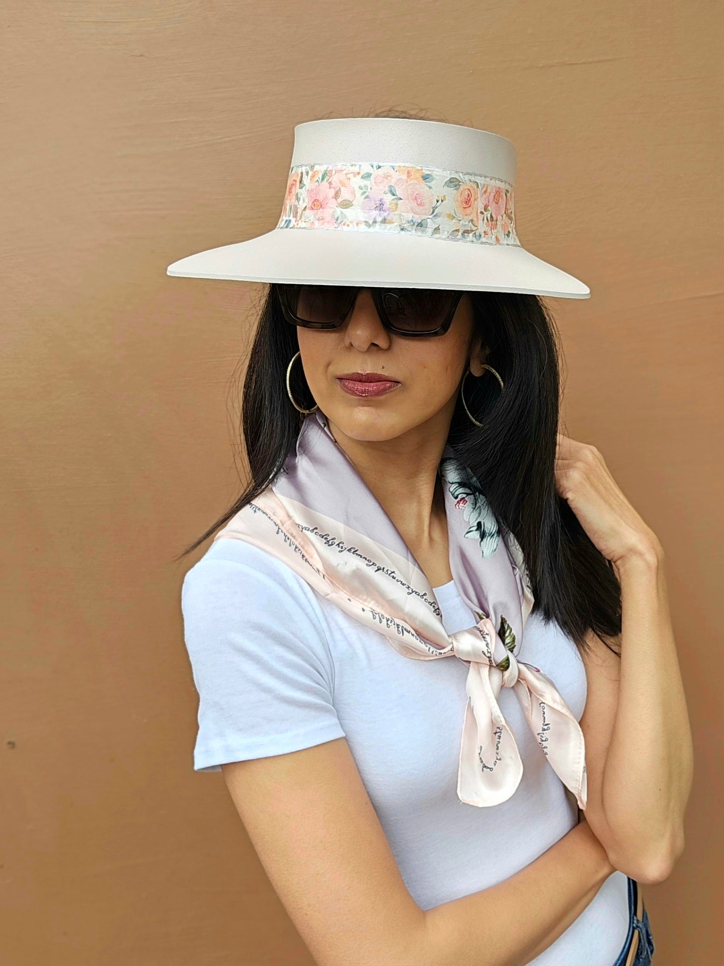 Tall Light Pink "LadyEVA" Visor Hat with Bold Floral Band